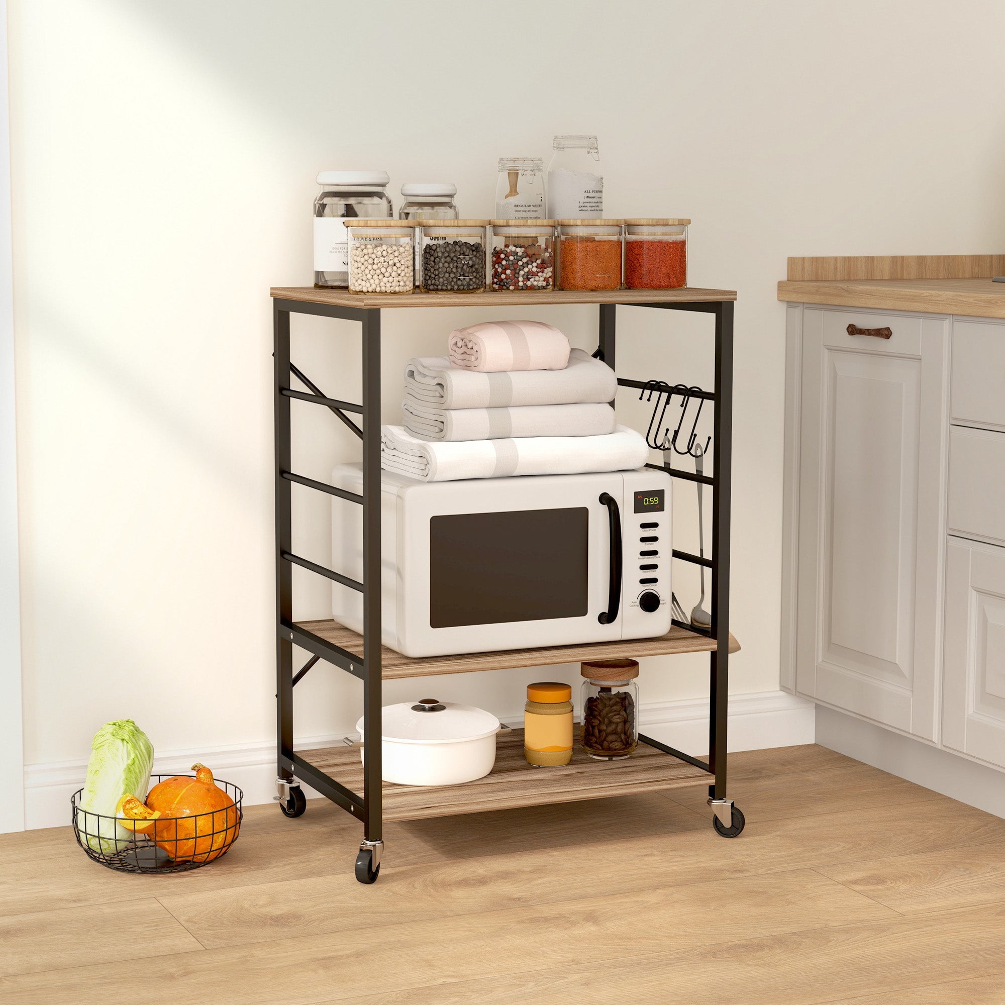 EasyComfort Scaffale da Cucina a 3 Livelli with Ruote e 4 Ganci, Industriale e Struttura in Acciaio,Telaio del carrellino, 60x40x84cm, Teak