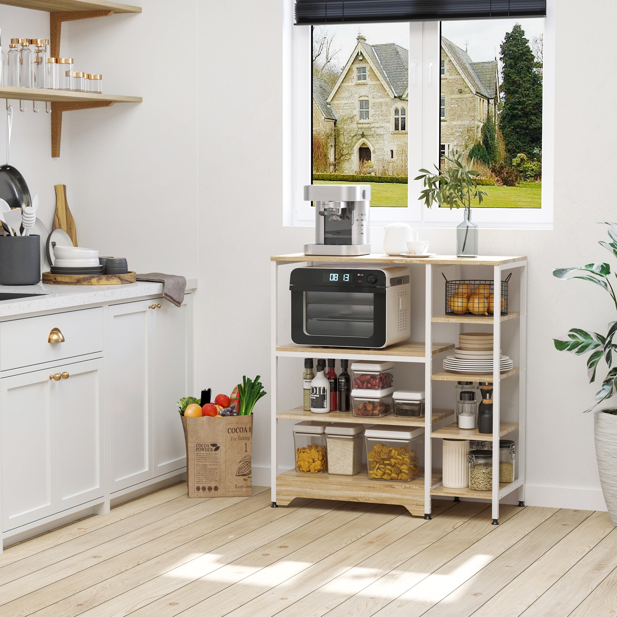 Easycomfort Scaffale da Cucina Basso Salvaspazio Stile Industriale, Mobiletto with 7 Ripiani per Cucina in Metallo e Legno, 90x40x95cm, white