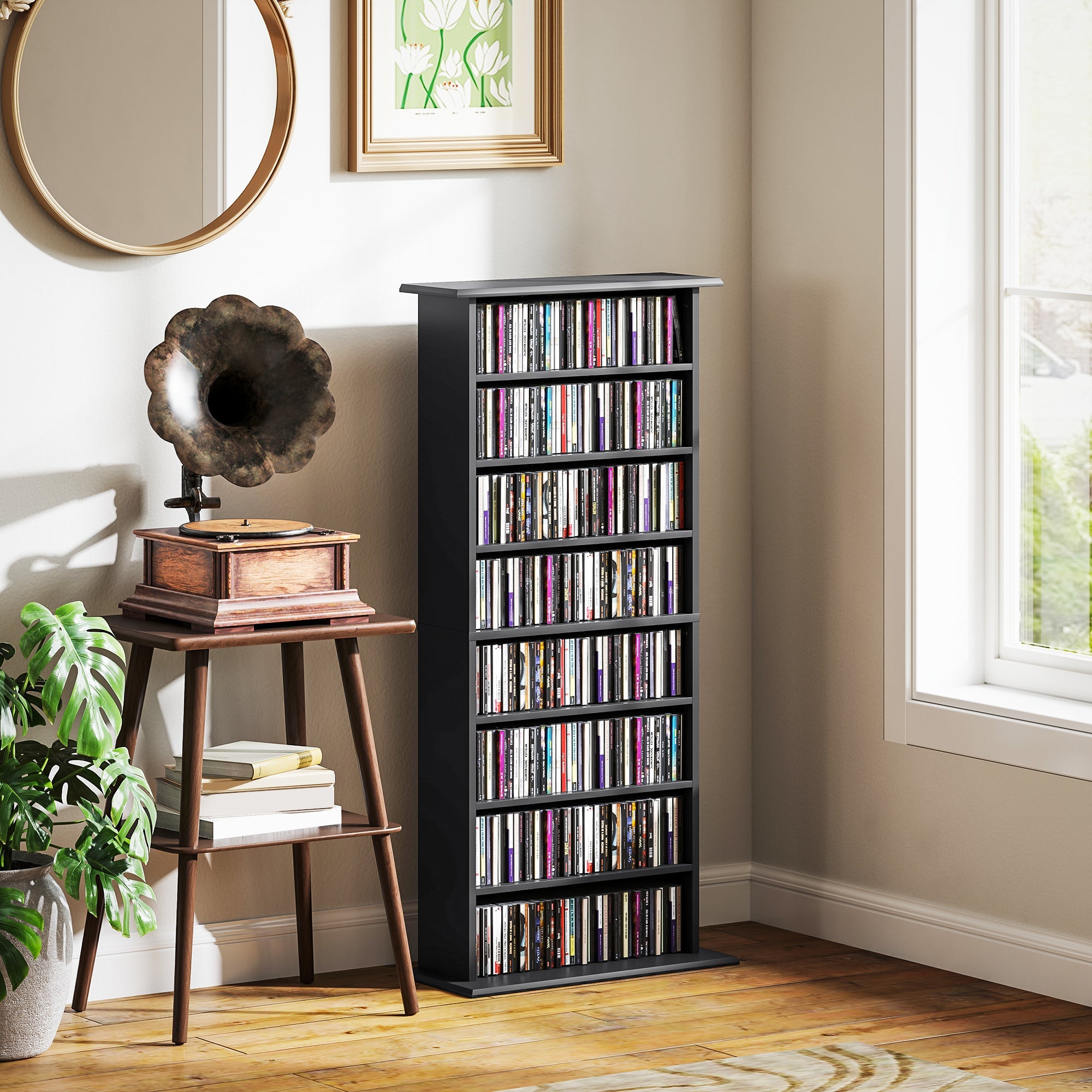 EasyComfort Mobile Scaffale Porta CD with 6 Ripiani Regolabili, Capacità di 360 CD/185 DVD, Design Moderno in Legno 58x24x124.5 cm, black