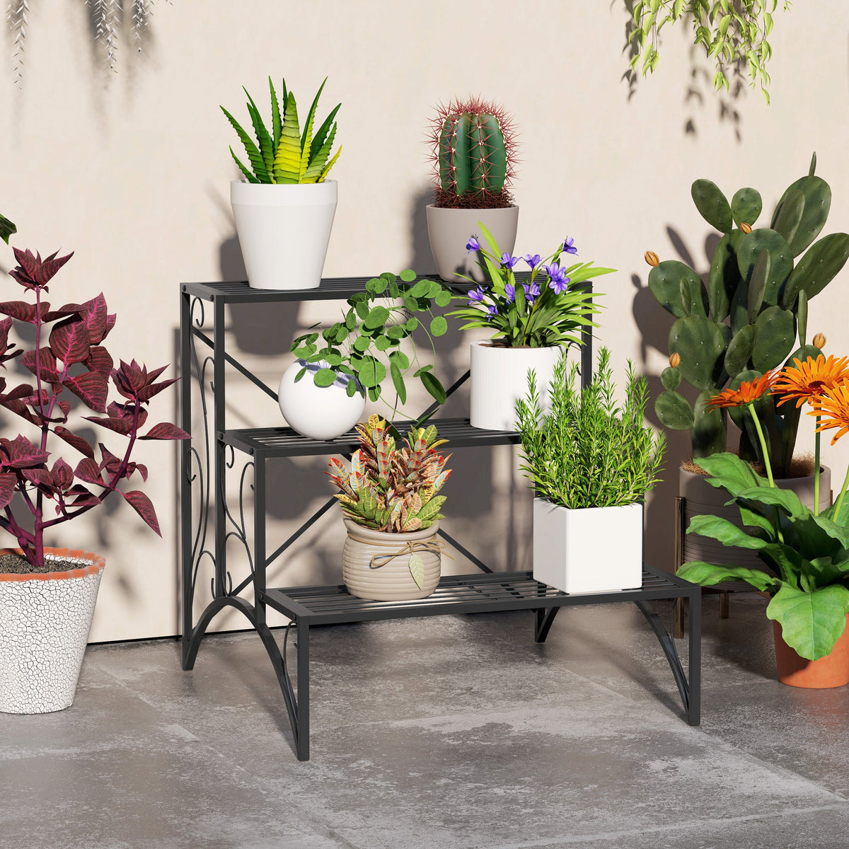 EasyComfort 3-laags plantenrek (ladder) 60x60x60 cm, zwart
