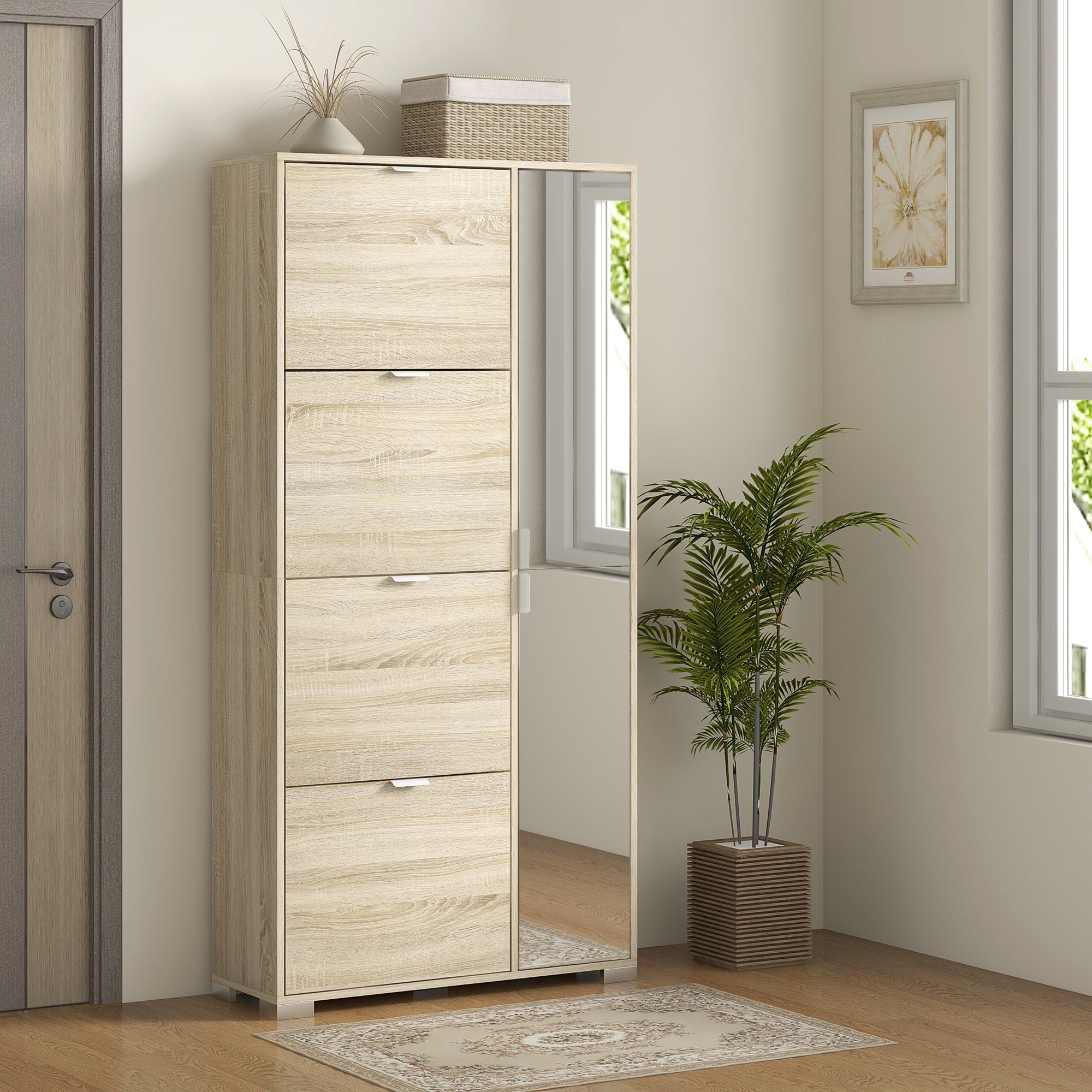 EasyComfort Scarpiera with Specchio per 16 Paia di Scarpe, 4 Cassetti a Ribalta e 2 Armadietti, 82x30x168cm, Rovere