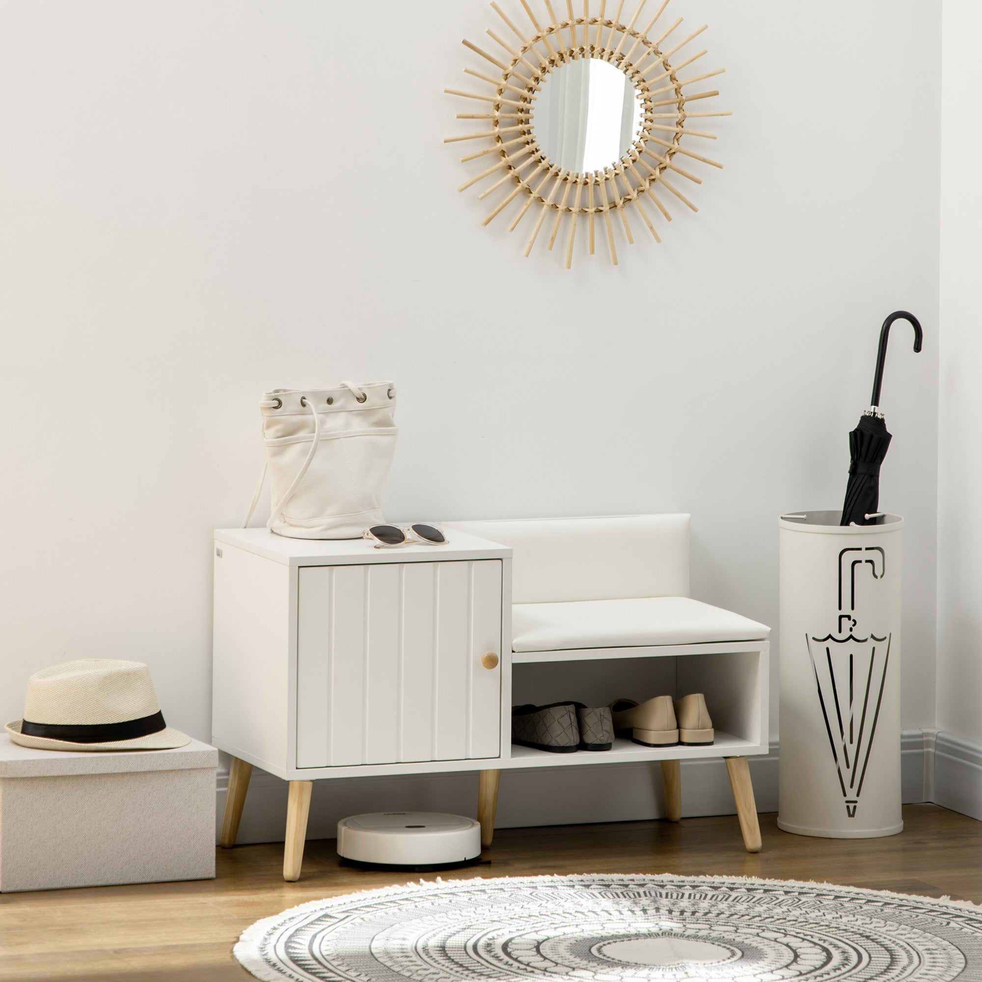 EasyComfort Scarpiera da Ingresso with Seduta Imbottita e Armadietto per 4 Paia di Scarpe, 80x33x49cm, white