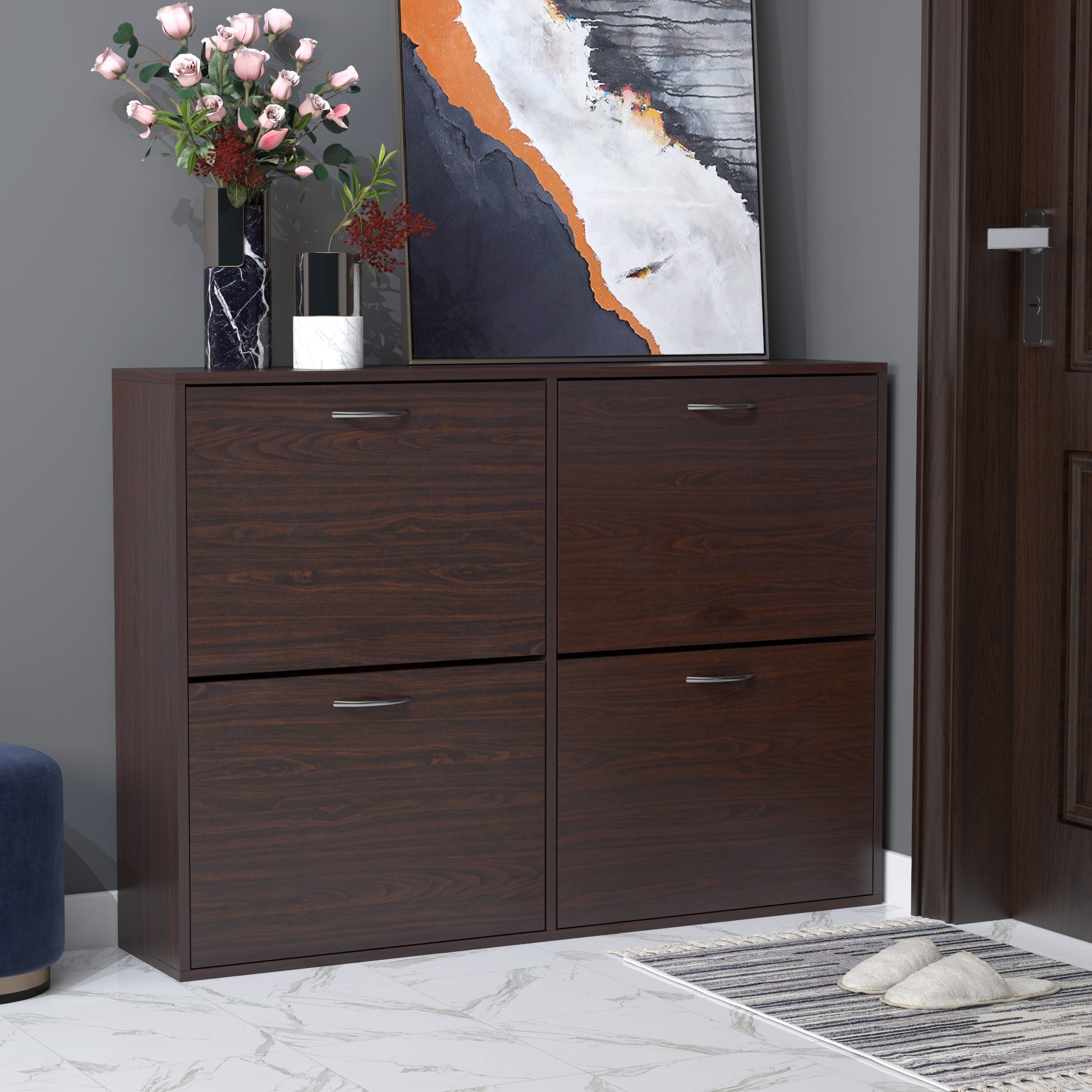 EasyComfort Scarpiera Salvaspazio da 24 Paia with Mensole Regolabili e 4 Cassetti, in Legno, 120x24x81cm, Marrone