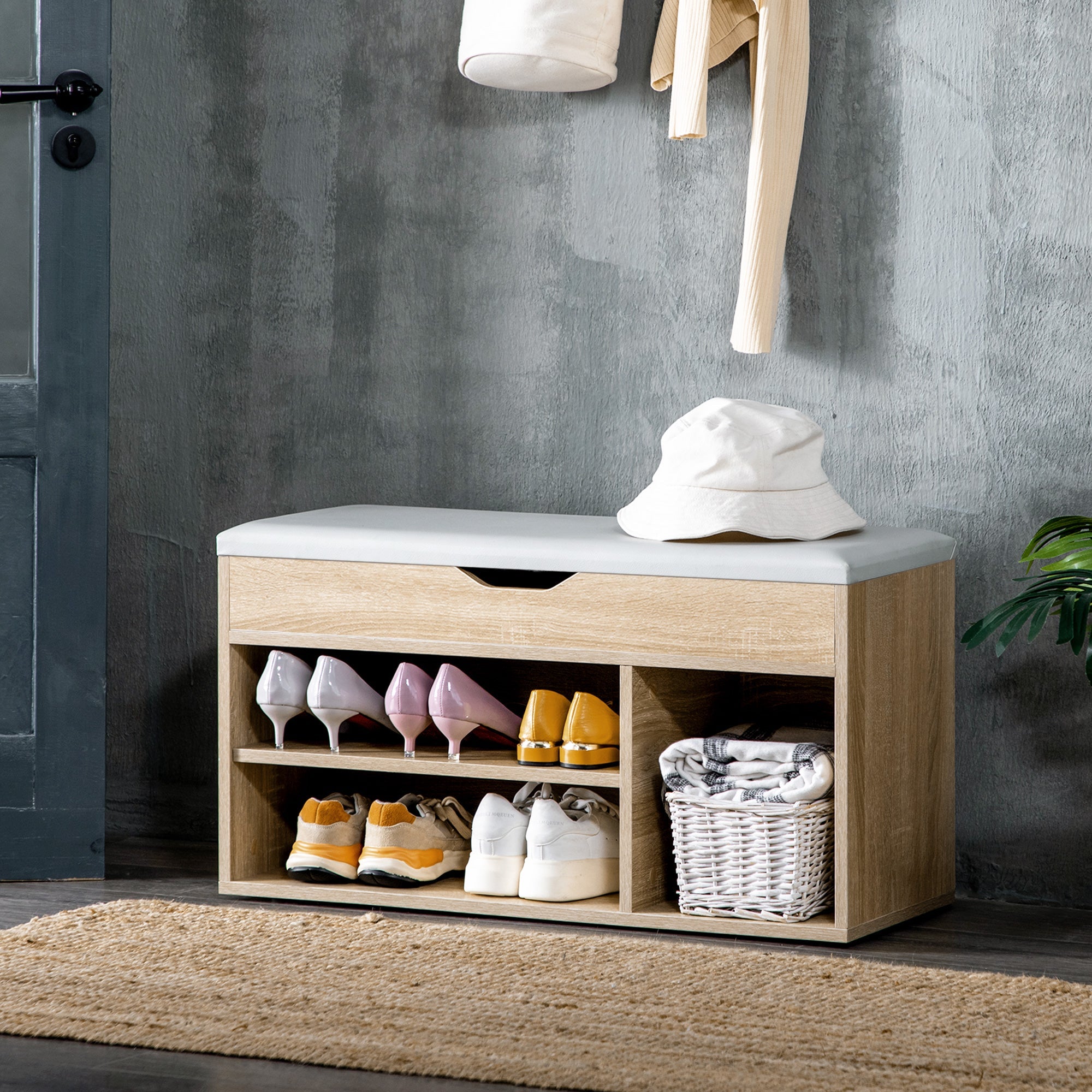 EasyComfort Armadio scarpiera Salvaspazio with 2 Ripiani Aperti e Spazio a Scomparsa, Scarpiera moderna with comodo cuscino, in Legno e PU| Aosom Italy
