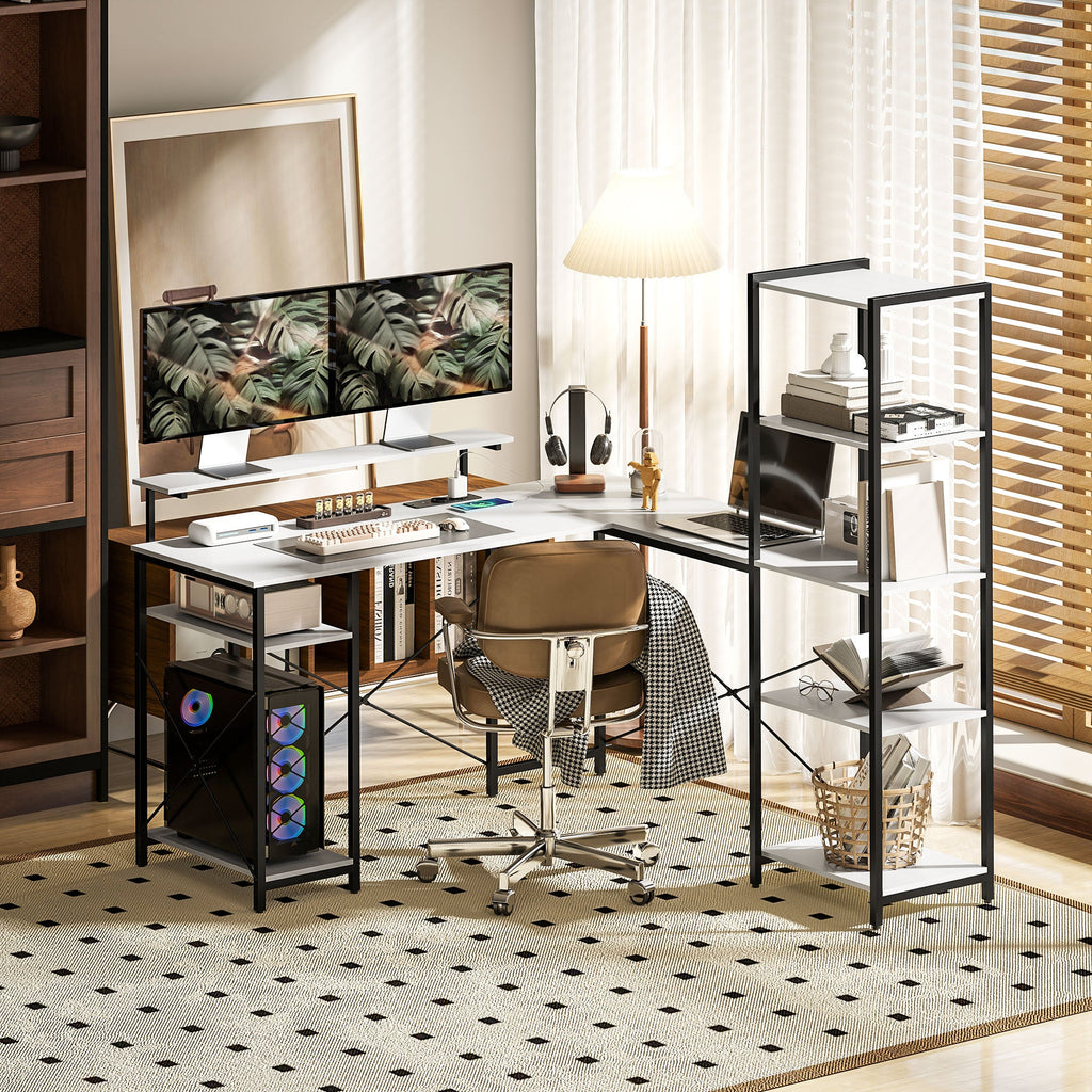 EasyComfort hoekbureau met stroom- en USB-aansluiting, monitorsteun, wit/zwart
