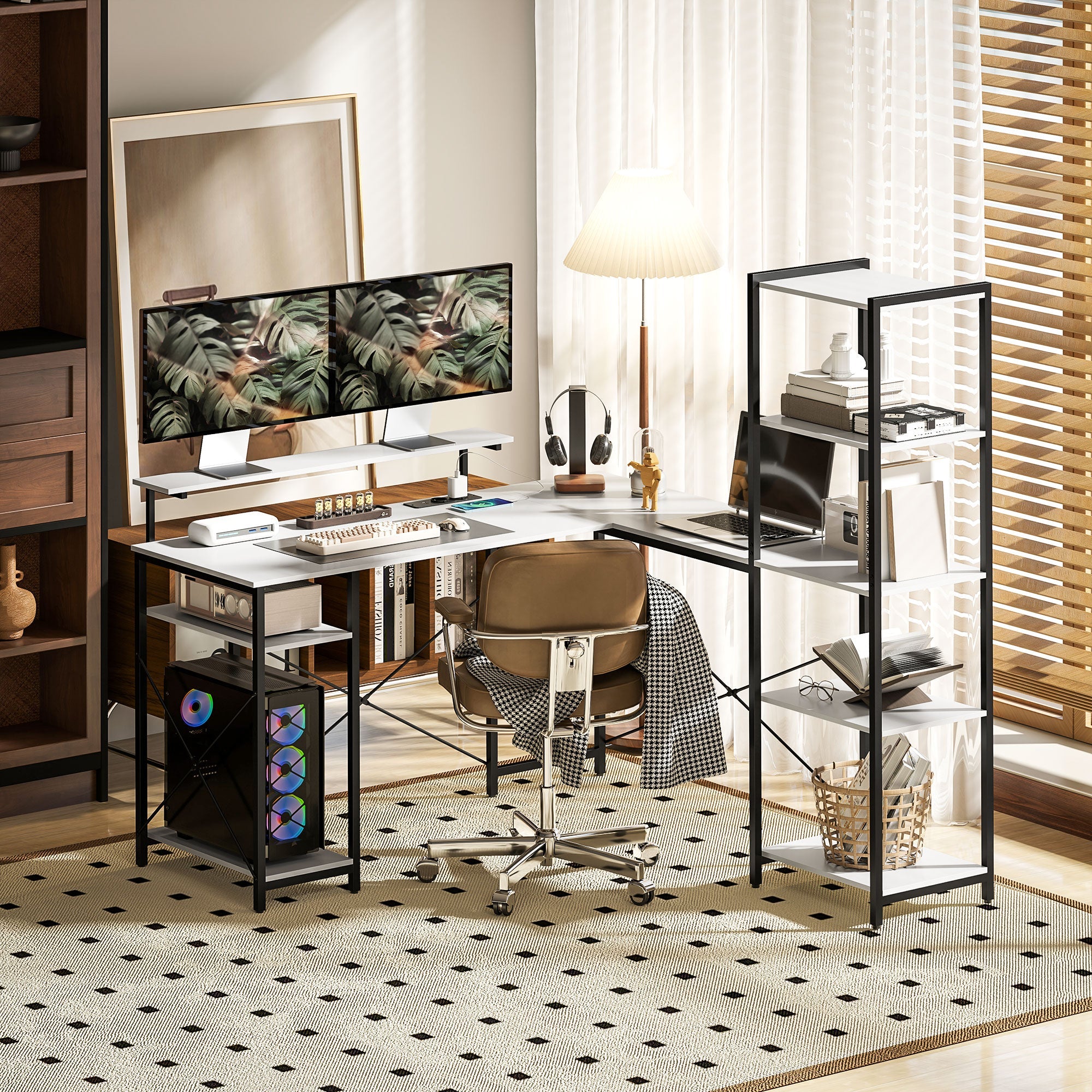 EasyComfort hoekbureau met stroom- en USB-aansluiting, monitorsteun, wit/zwart