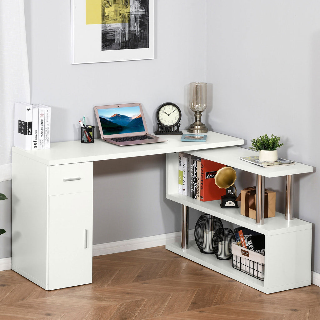 EasyComfort Scrivania Angolare Moderna in Legno with Cassetto, Armadietto e Mensole, Arredamento per Ufficio e Casa, white