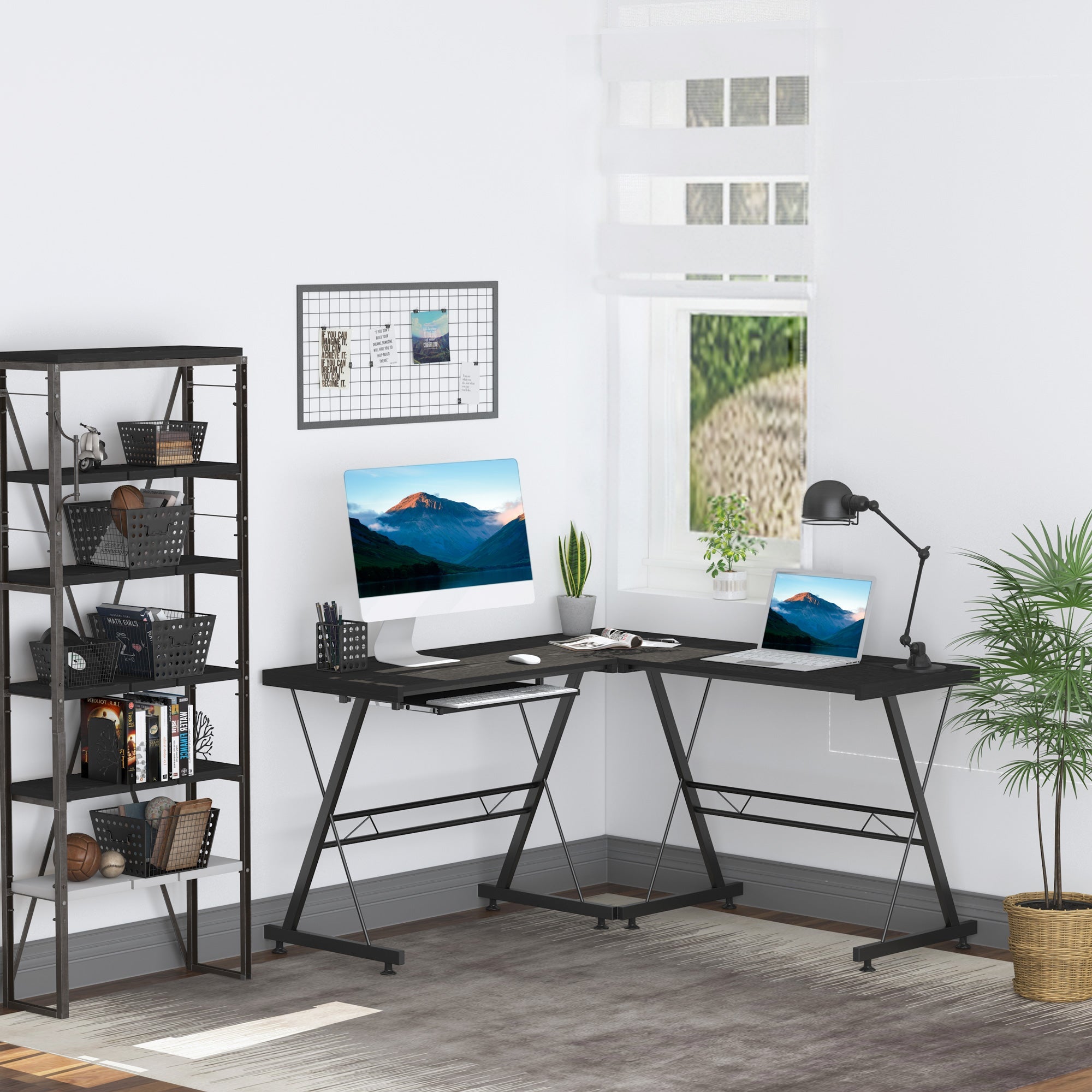 EasyComfort bureau L-vorm of recht met toetsenbordlade zwart 130x130x73.5 / 210x50x73.5 cm