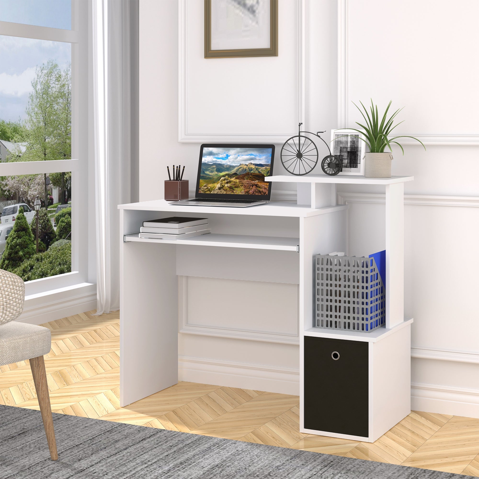 EasyComfort Moderne bureau met toetsenbordlade en stoffen lade 100x40x86.6 cm wit/zwart