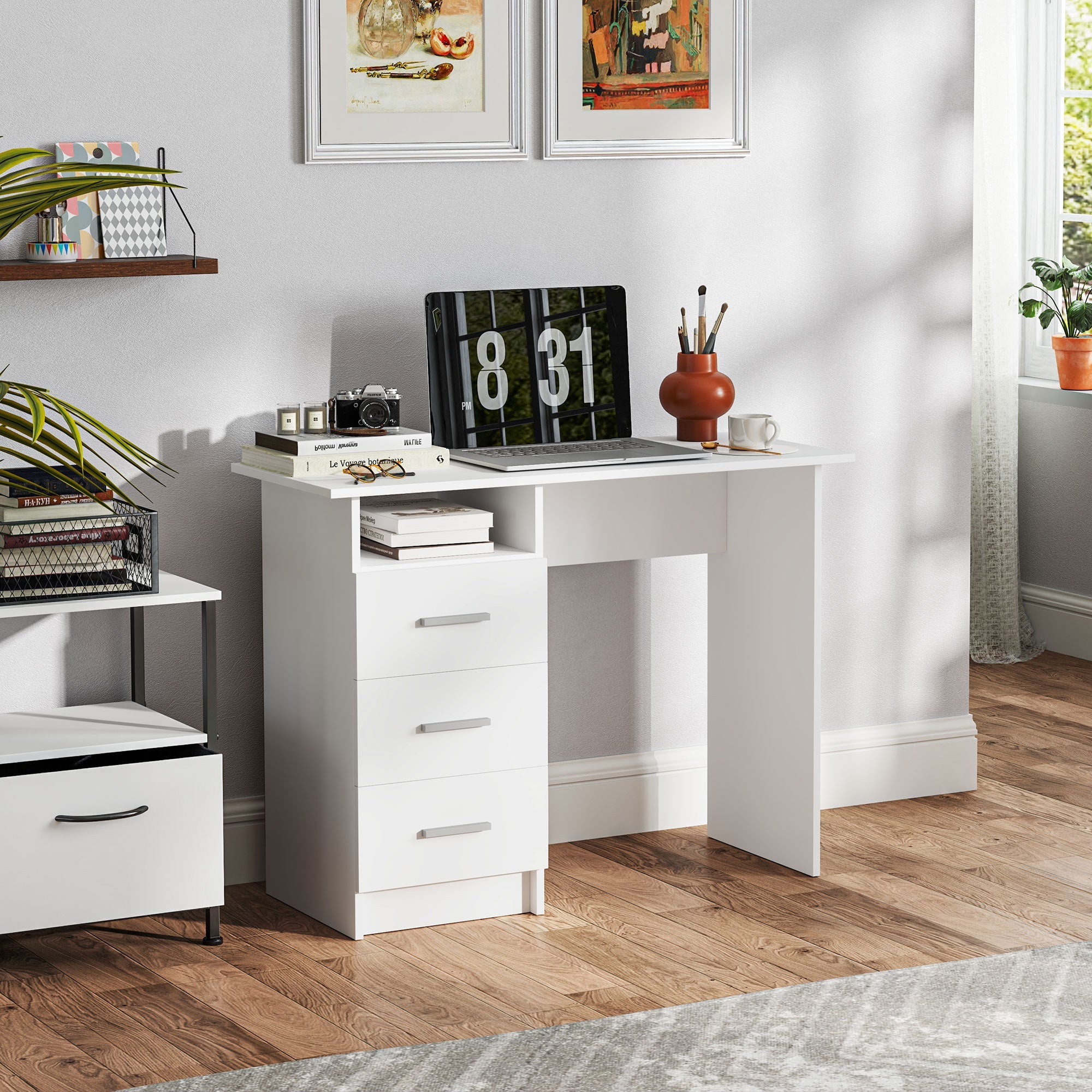 EasyComfort Modern bureau 100x40x75 cm, 3 lades, wit/bruin