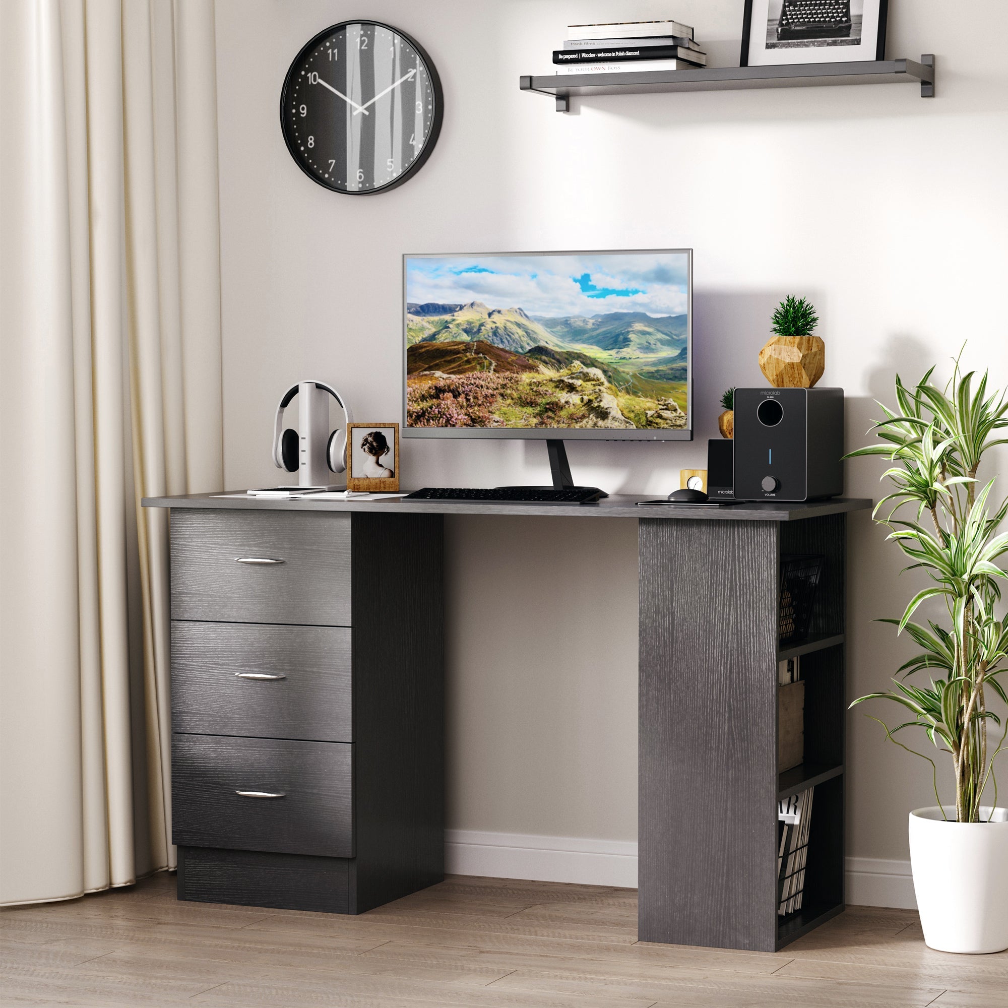 EasyComfort PC-bureau 120x49x72 cm, 3 planken, 3 lades, zwart