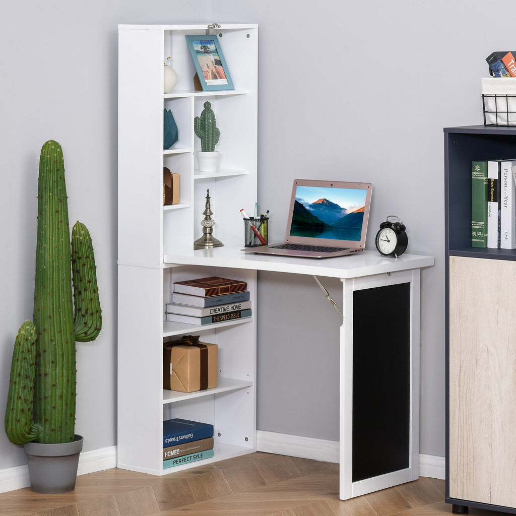 Easycomfort Scrivania PC Pieghevole with Libreria a 9 Ripiani in Legno e Metallo, 98x51x153 cm, white