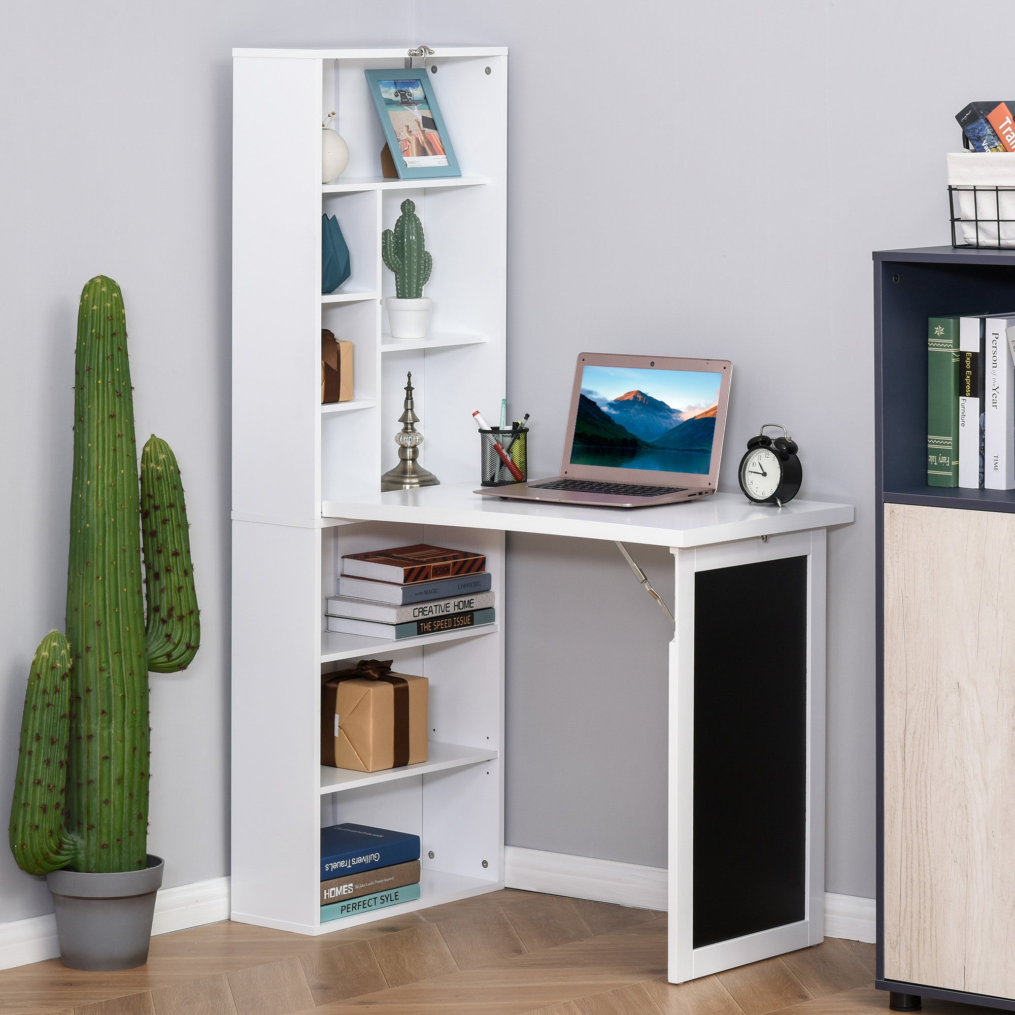 Easycomfort Scrivania PC Pieghevole with Libreria a 9 Ripiani in Legno e Metallo, 98x51x153 cm, white