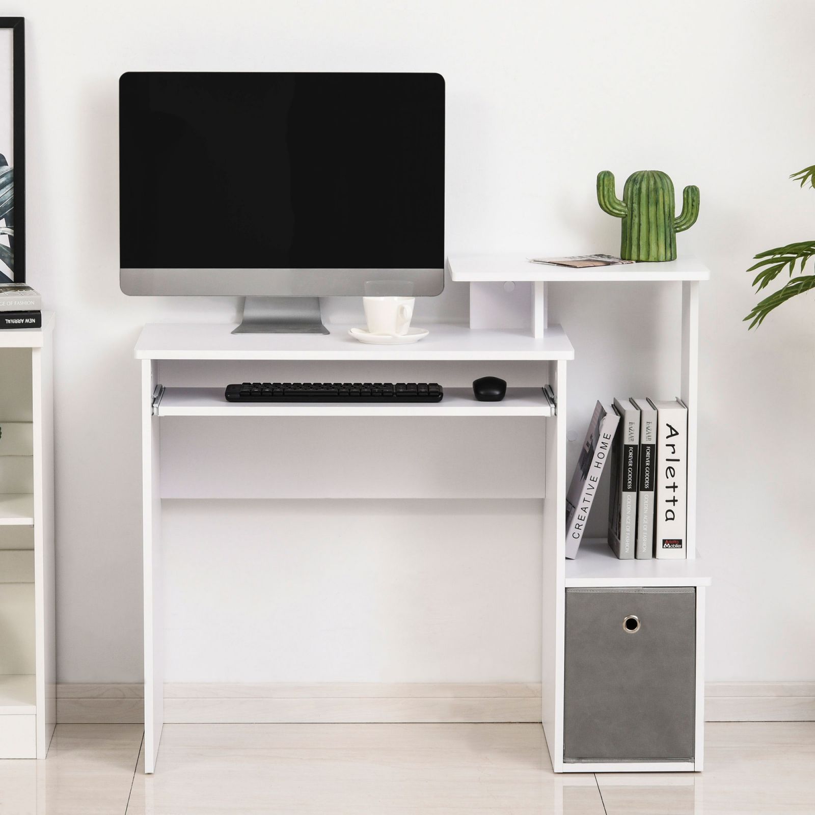 Easycomfort Scrivania Moderna per PC with Mensola Porta Tastiera, Ripiano e Cassetto in Tessuto, in Legno, 100x40x86.6cm, white