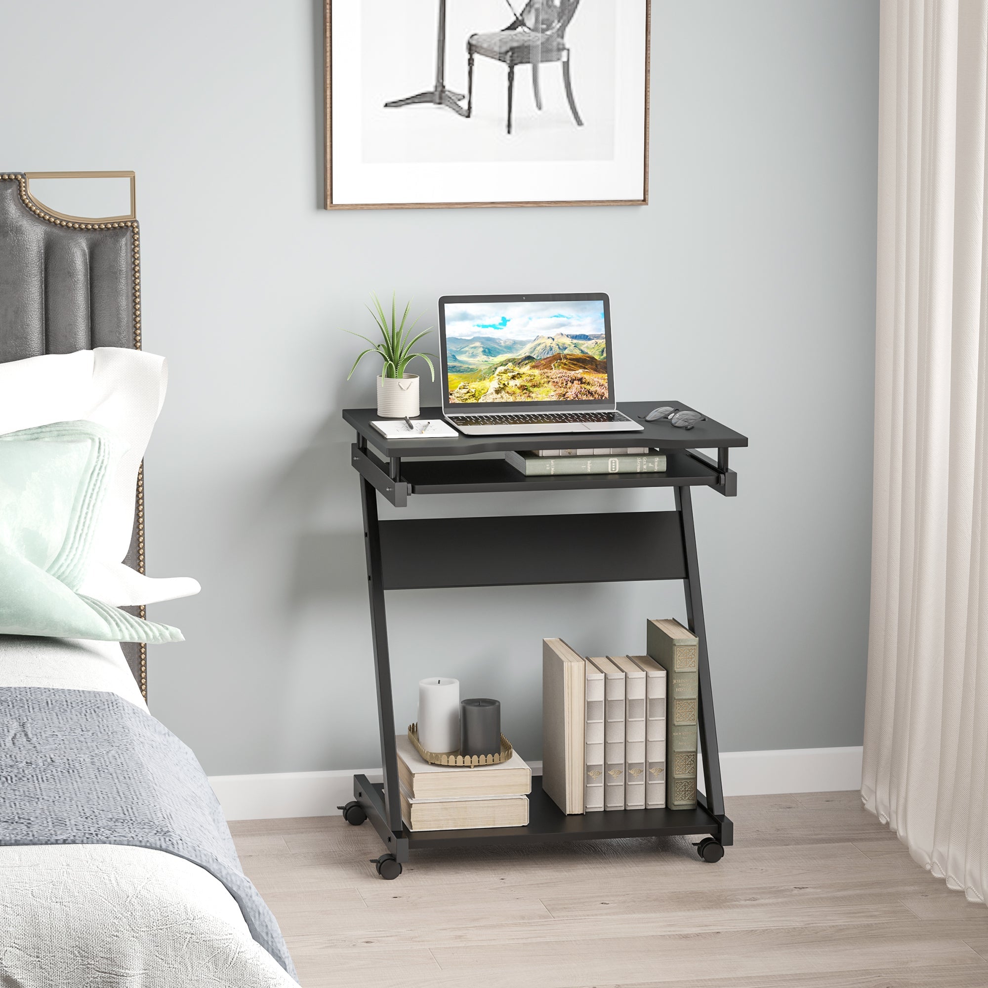 Easycomfort Scrivania per Computer Porta PC Classico e Salvaspazio, Scrivania per cameretta with Piano Tastiera a Scomparsa, 4 Ruote e Ripiano Inferiore black 60x48x73cm