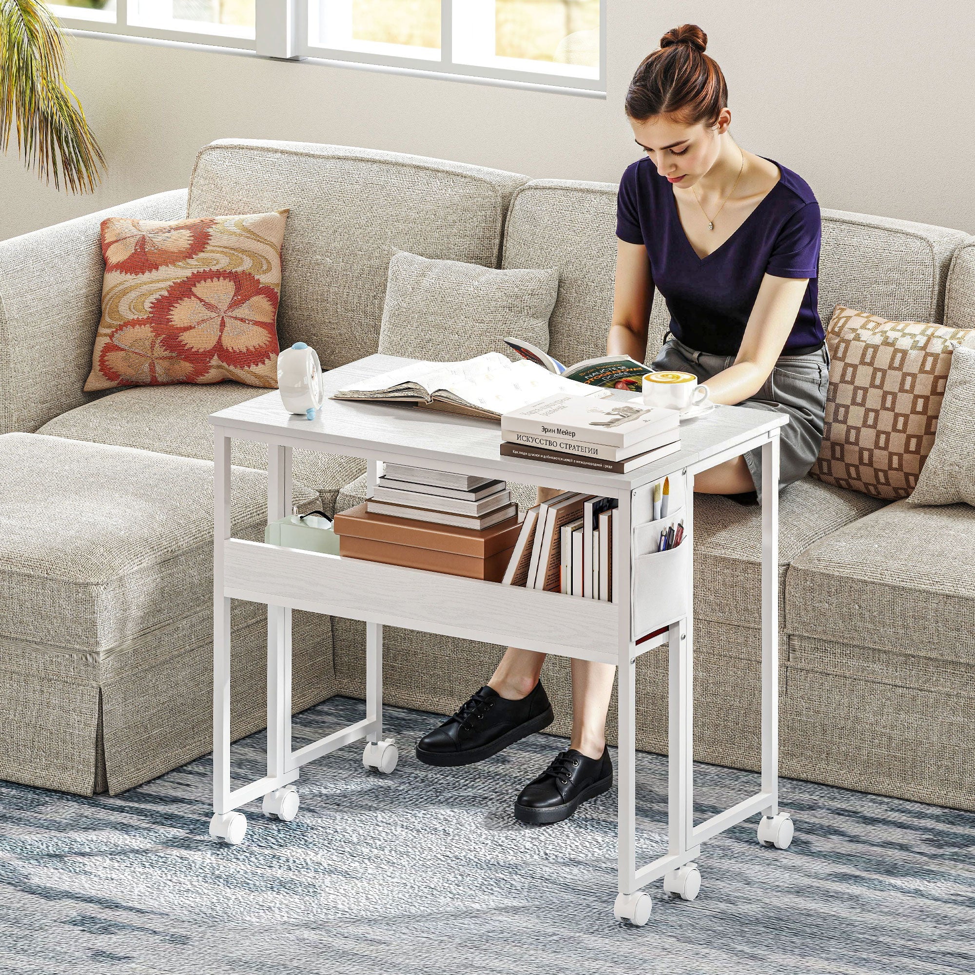 EasyComfort inklapbaar bureau met plank, zijvak en 6 wielen, wit