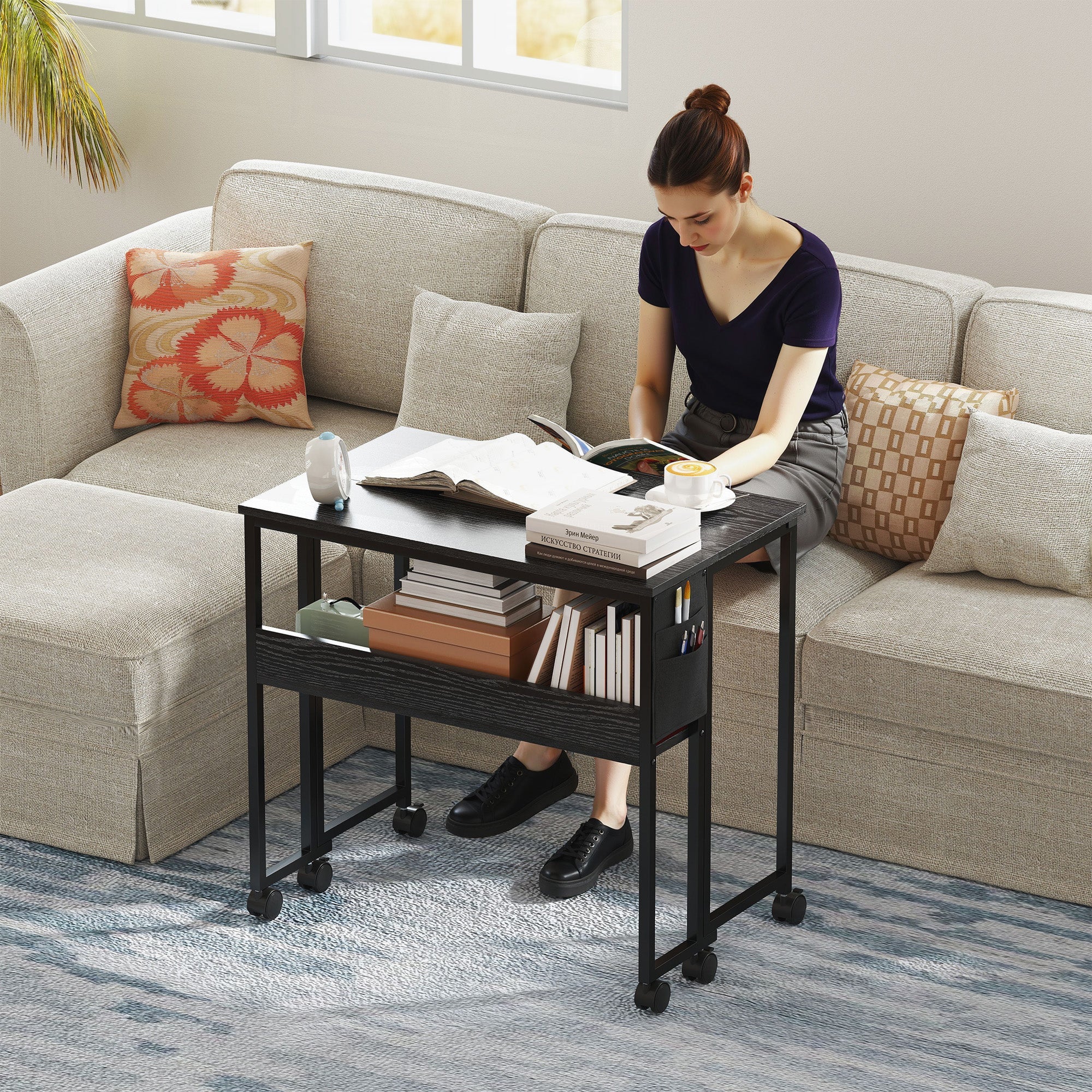 EasyComfort opvouwbaar bureau met schap en wielen 80x50 cm zwart