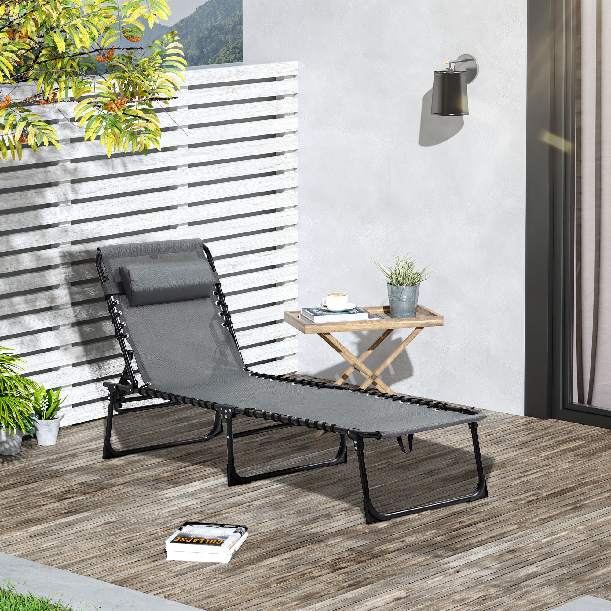 EasyComfort Sdraio da Giardino Pieghevole with Schienale Reclinabile su 5 Posizioni e Cuscino, 185x58x30cm, Grigio