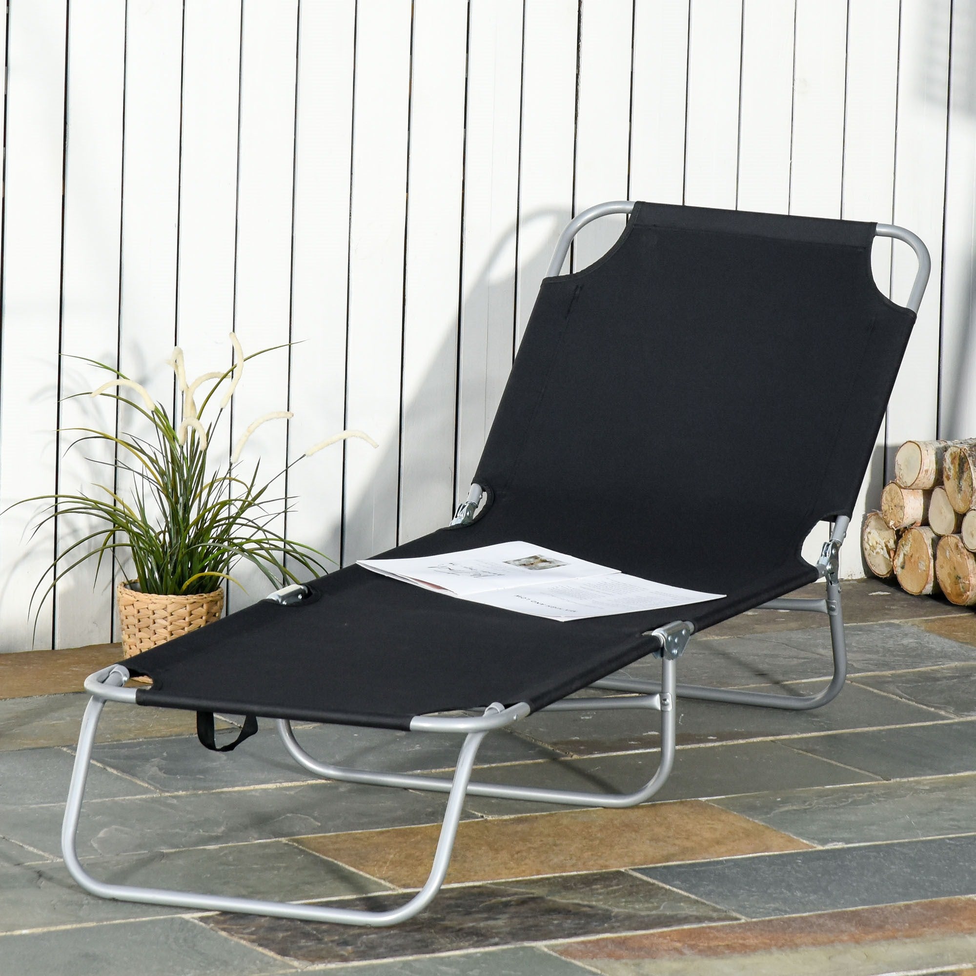 EASYCOMFORT Folding Garden Deckchair in Metal and Oxford Fabric, Breathable Sun Lounger 187L x 55P x 24Acm Black