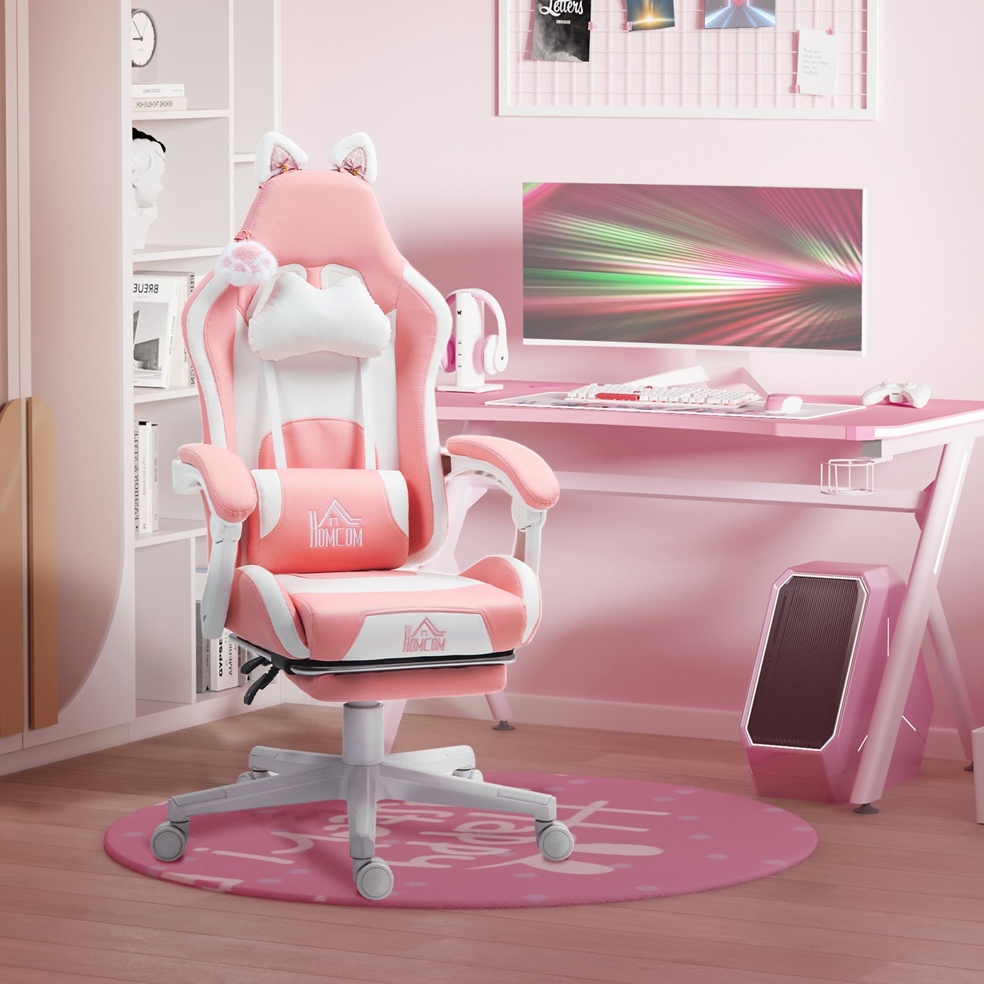 EasyComfort Gamingstoel ergonomisch met kattenoren en voetensteun, roze