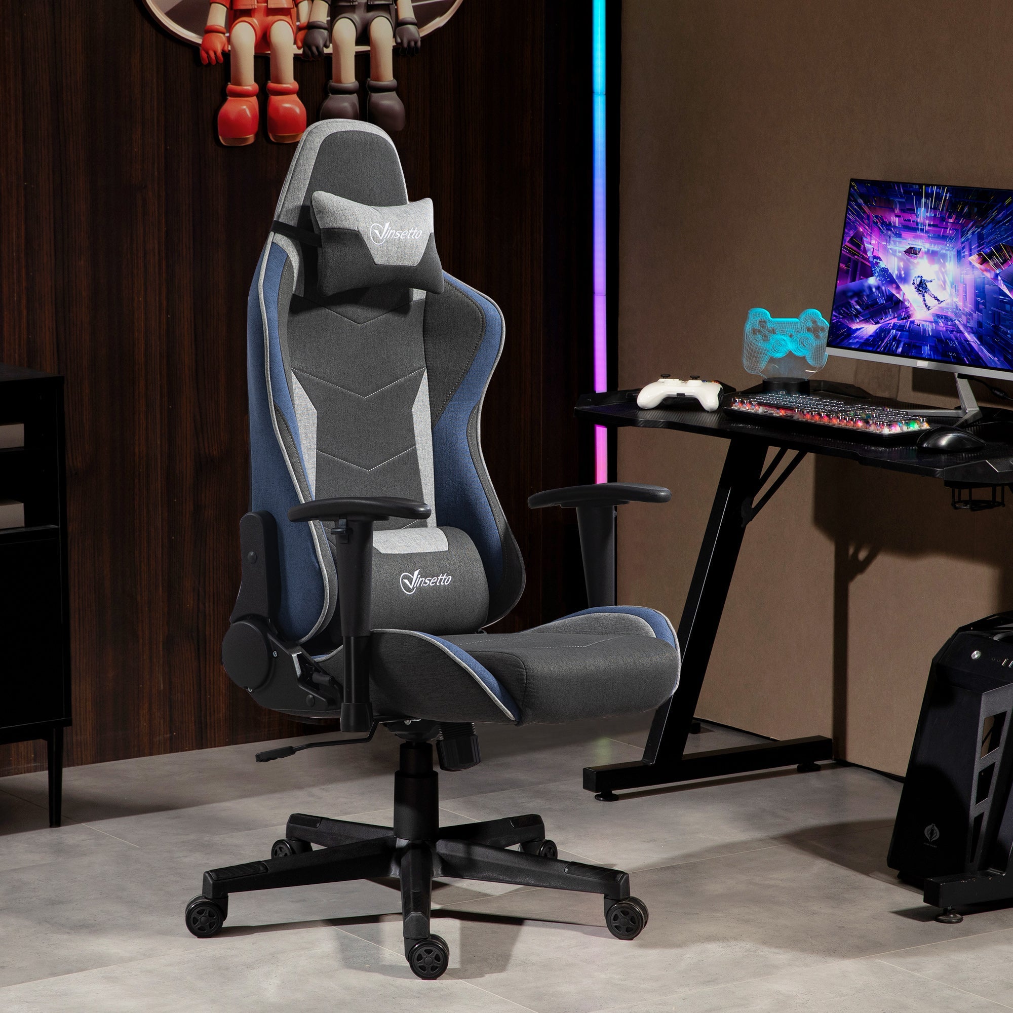 EasyComfort Sedia da Gaming Reclinabile a 150° con Funzione Dondolo, in Tessuto Effetto Lino, 66x53x128-138 cm, Grigio