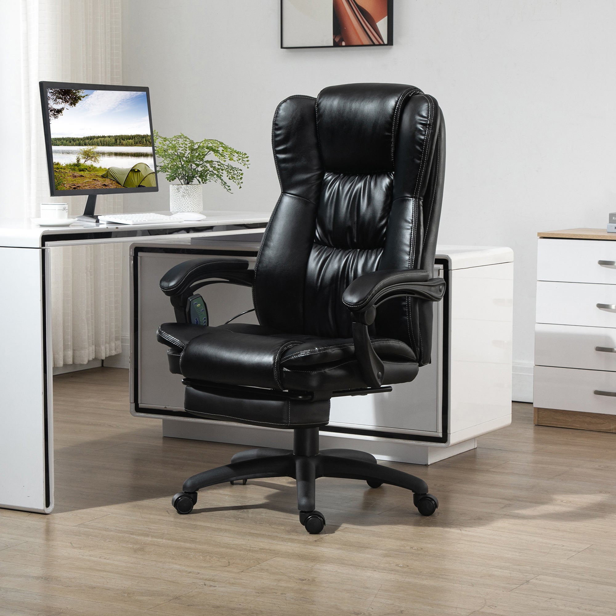 EasyComfort Sedia da Ufficio ad Altezza Regolabile con 6 Punti Massaggianti, in Finta Pelle, 68.5x68.5x113-121 cm, Nera