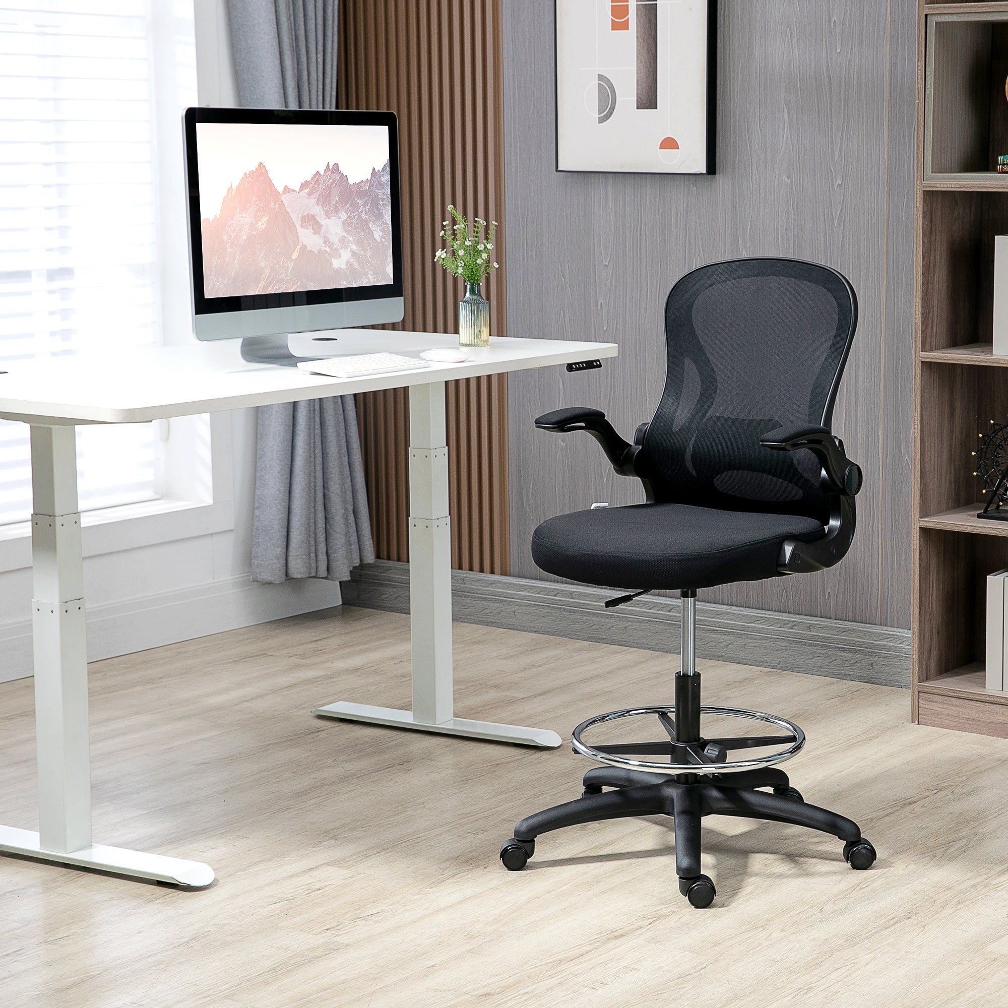 EasyComfort Sedia da Ufficio Ergonomica in Tessuto with Altezza Regolabile Poltrona moderno with Braccioli Ribaltabili, Bianca e Nera