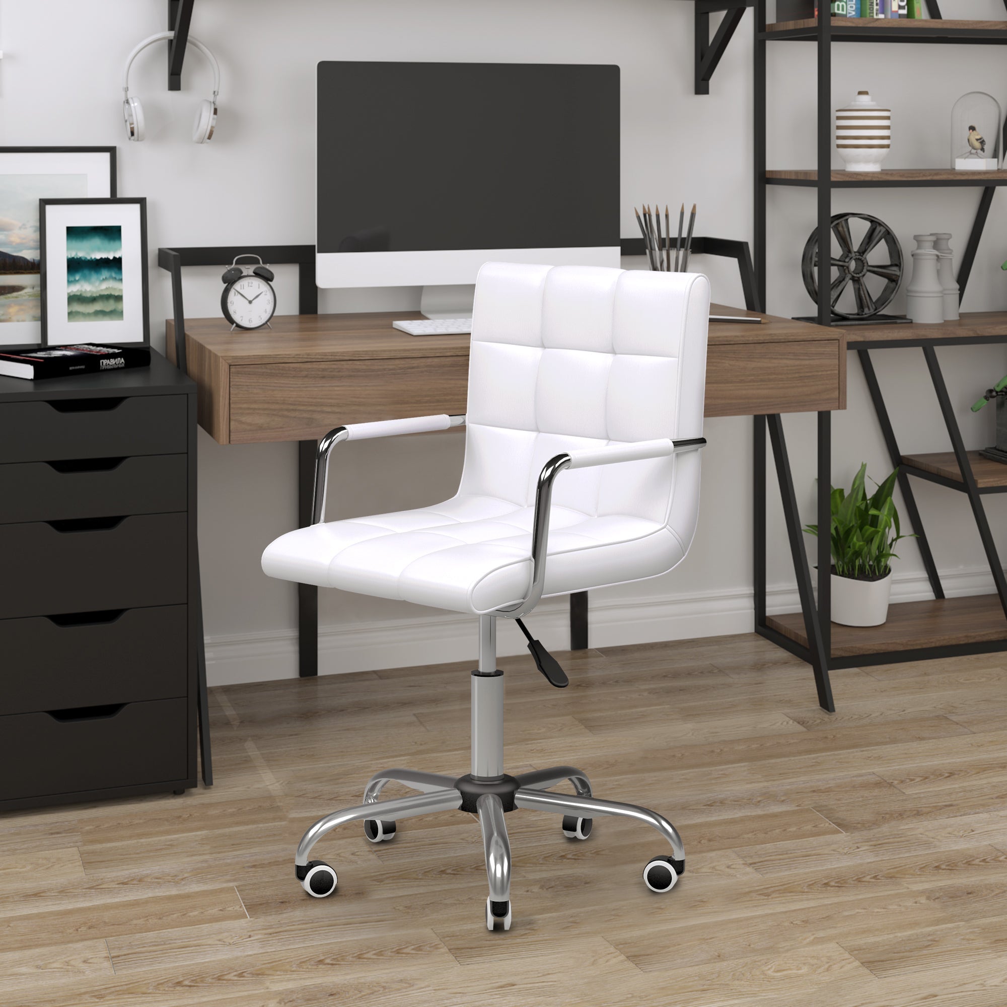 Easycomfort Sedia da Ufficio in pelle PU Bianca with 5 Ruote Girevoli, Imbottitura e Altezza Regolabile, 52.5x54x84-99cm