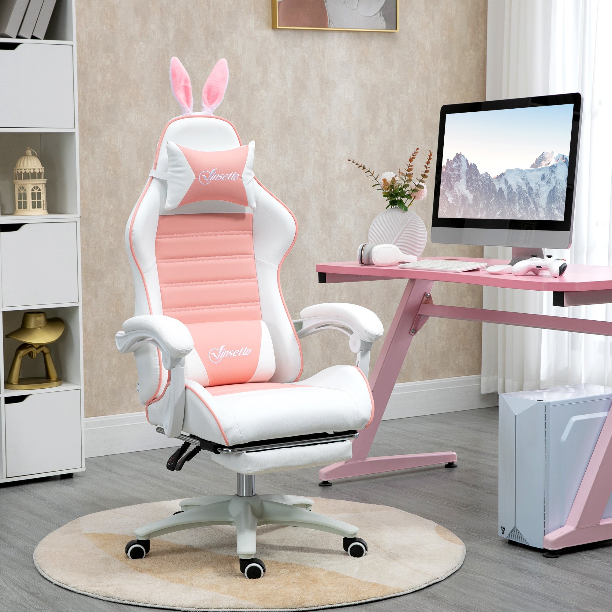 EasyComfort Sedia Gaming Ergonomica with Orecchie, Poggiapiedi Estraibile, Cuscino Lombare e Poggiatesta, Rosa