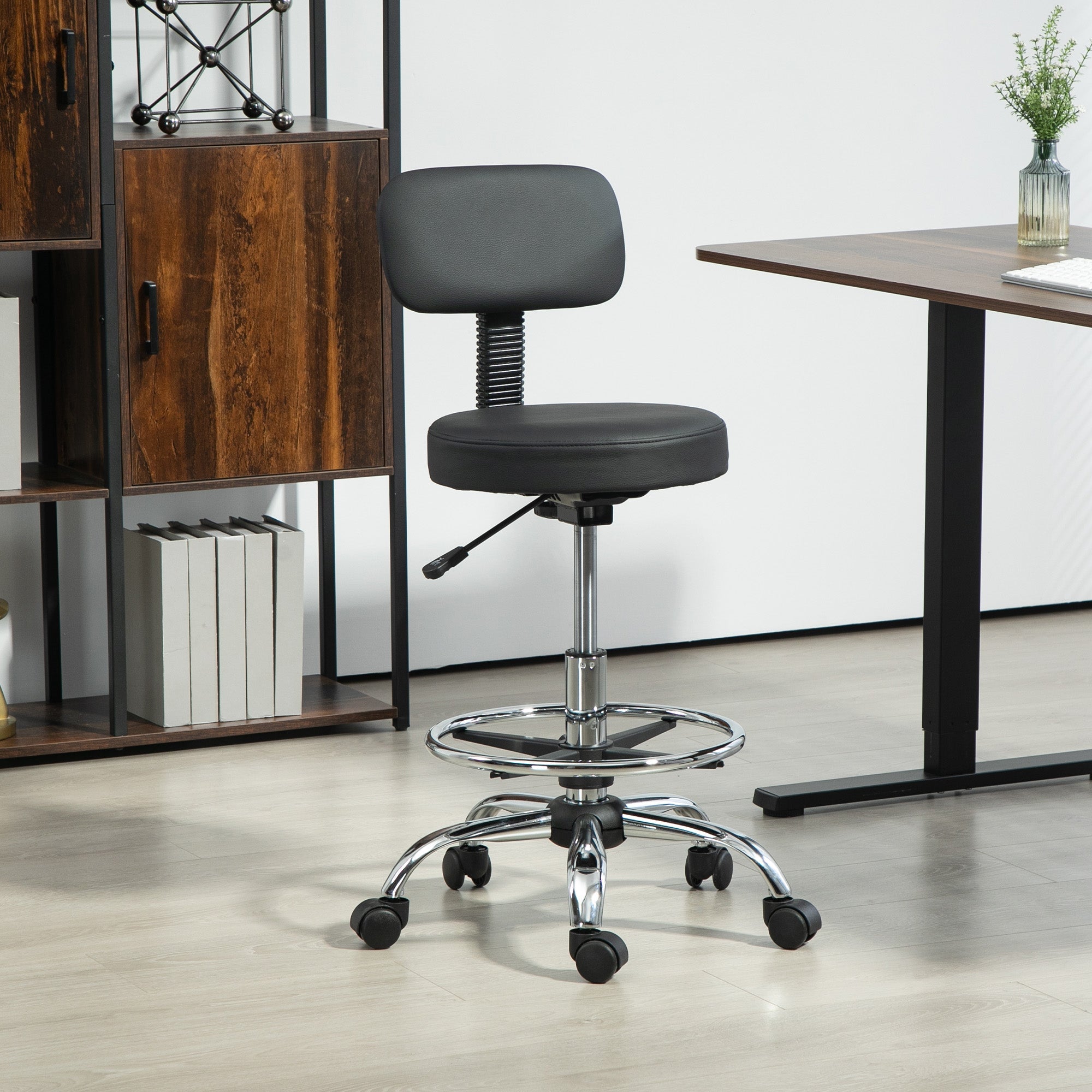 EasyComfort Sedia Girevole ad Altezza Regolabile con Poggiapiedi, in Acciaio, Finta Pelle e Gommapiuma, 52x52x78-92 cm, Nero