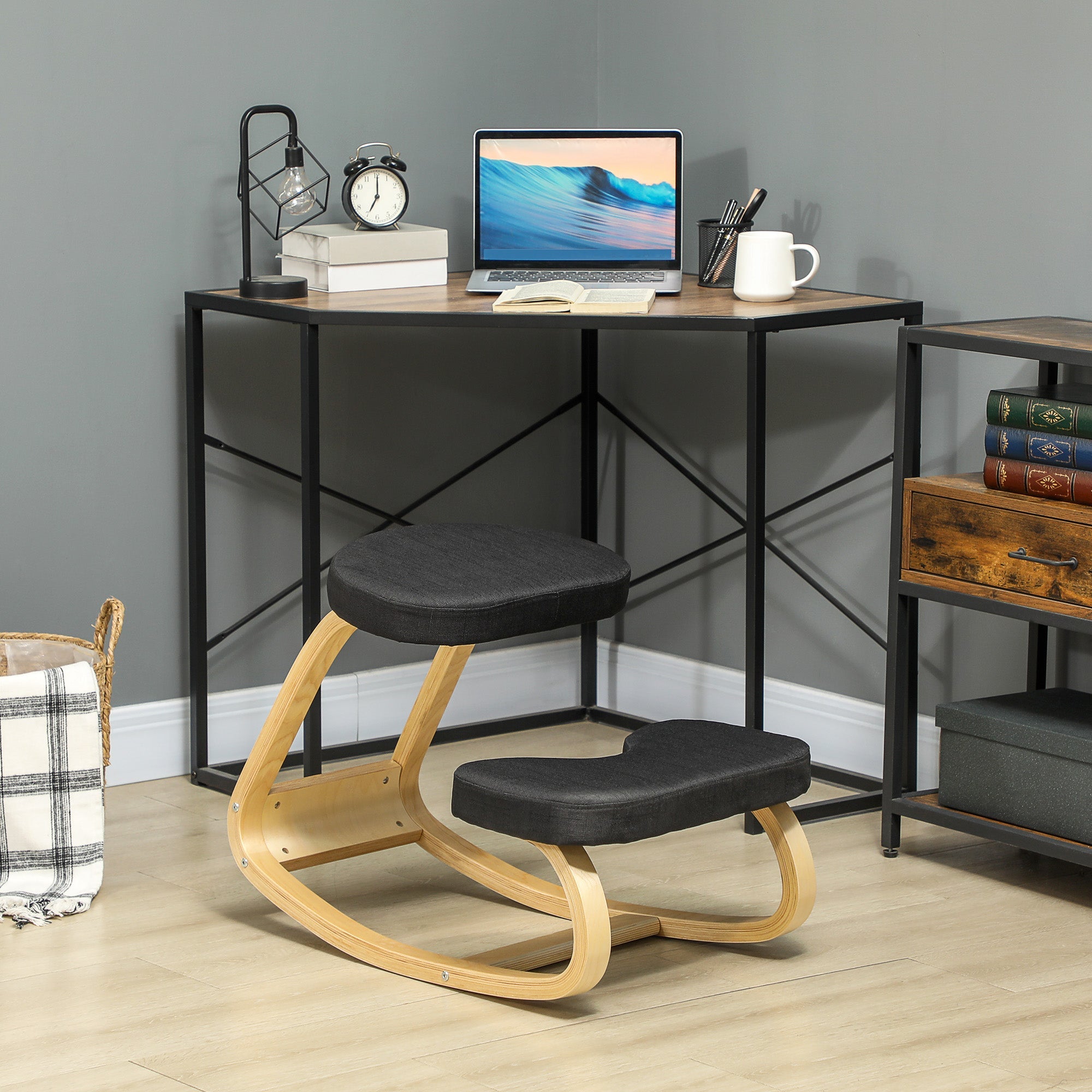 EasyComfort Sedia Inginocchiatoio knielstoel met schommelfunctie, linnenlook, berkenhout, 50x73x55 cm, zwart