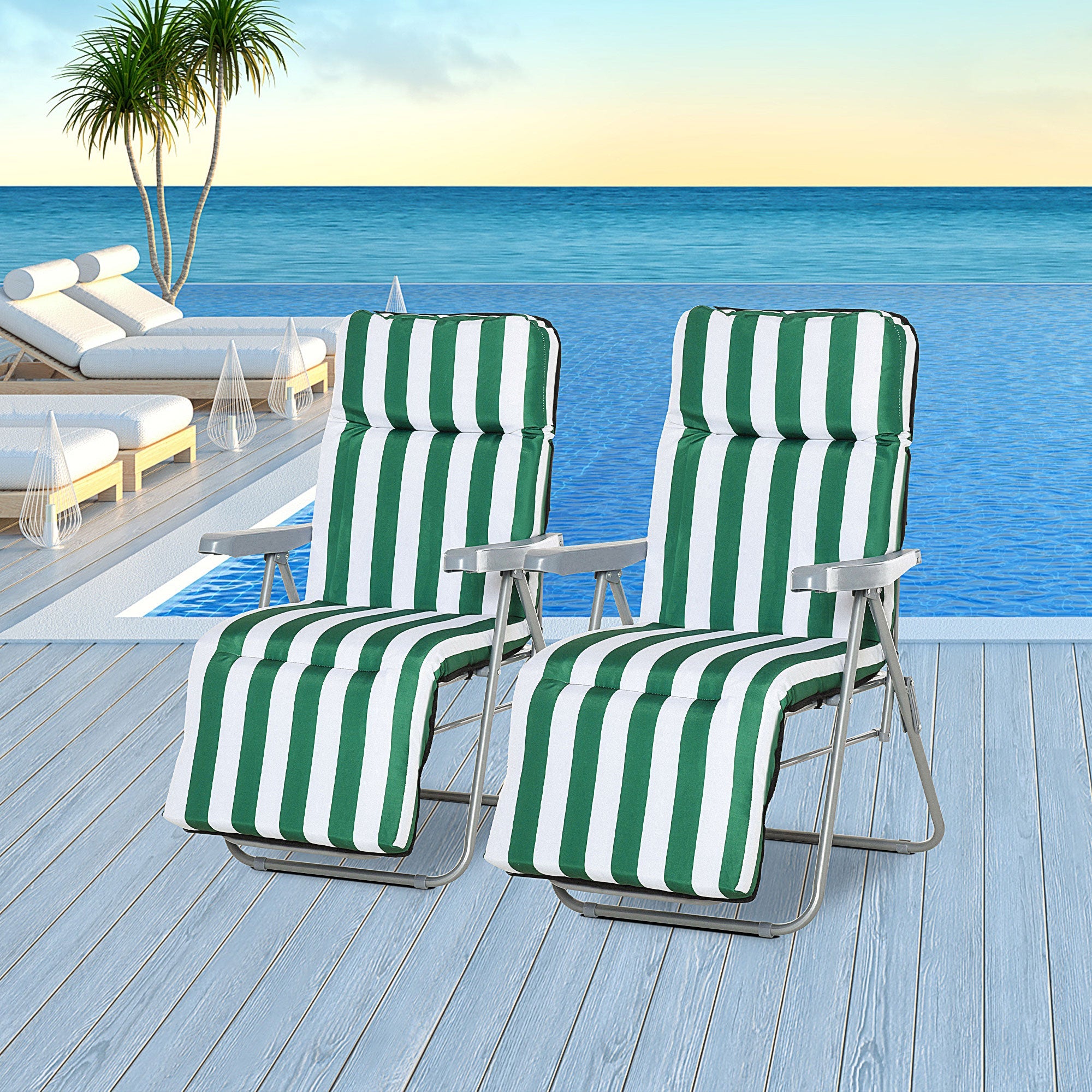 EASYCOMFORT 2-Piece Folding and Reclining Beach Deck Chair, Garden Sun Loungers with Padded Cushion, Green and White