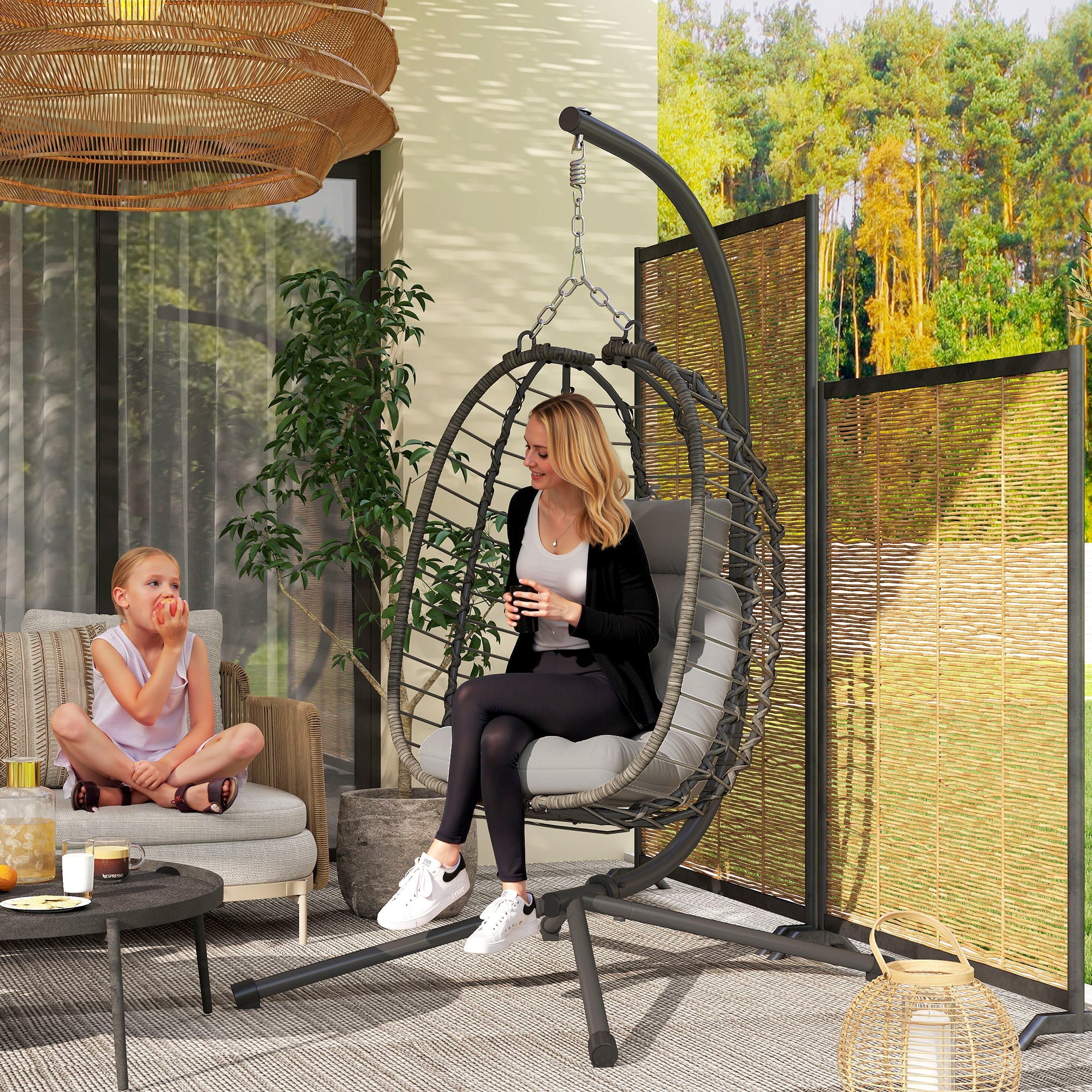EasyComfort Sedia Sospesa in Rattan a Uovo con Cuscino e Poggiatesta, Altezza Regolabile e Seduta Richiudibile, Grigio