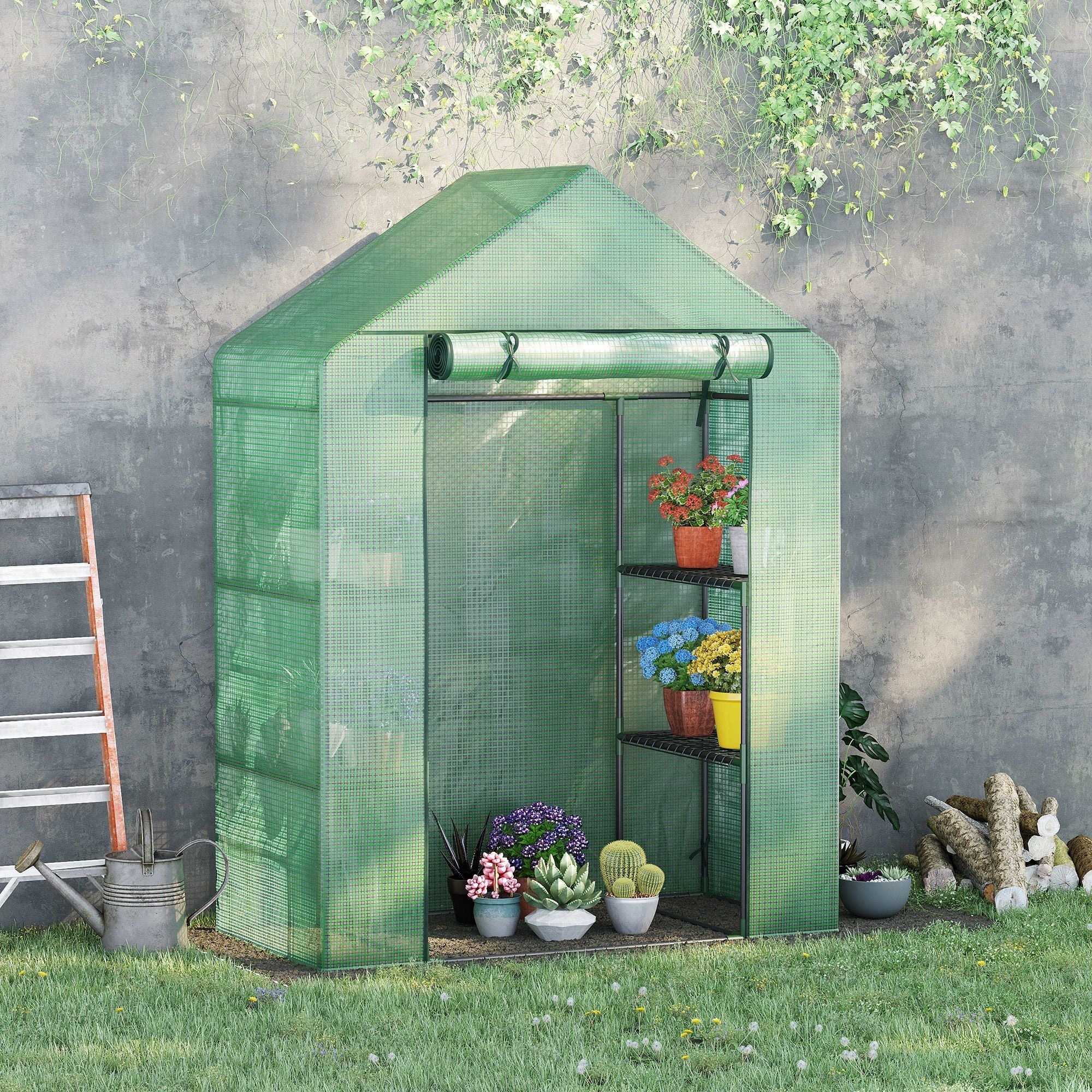 EasyComfort Tuinkas staal/PE 4 schappen 141x72x191 cm groen