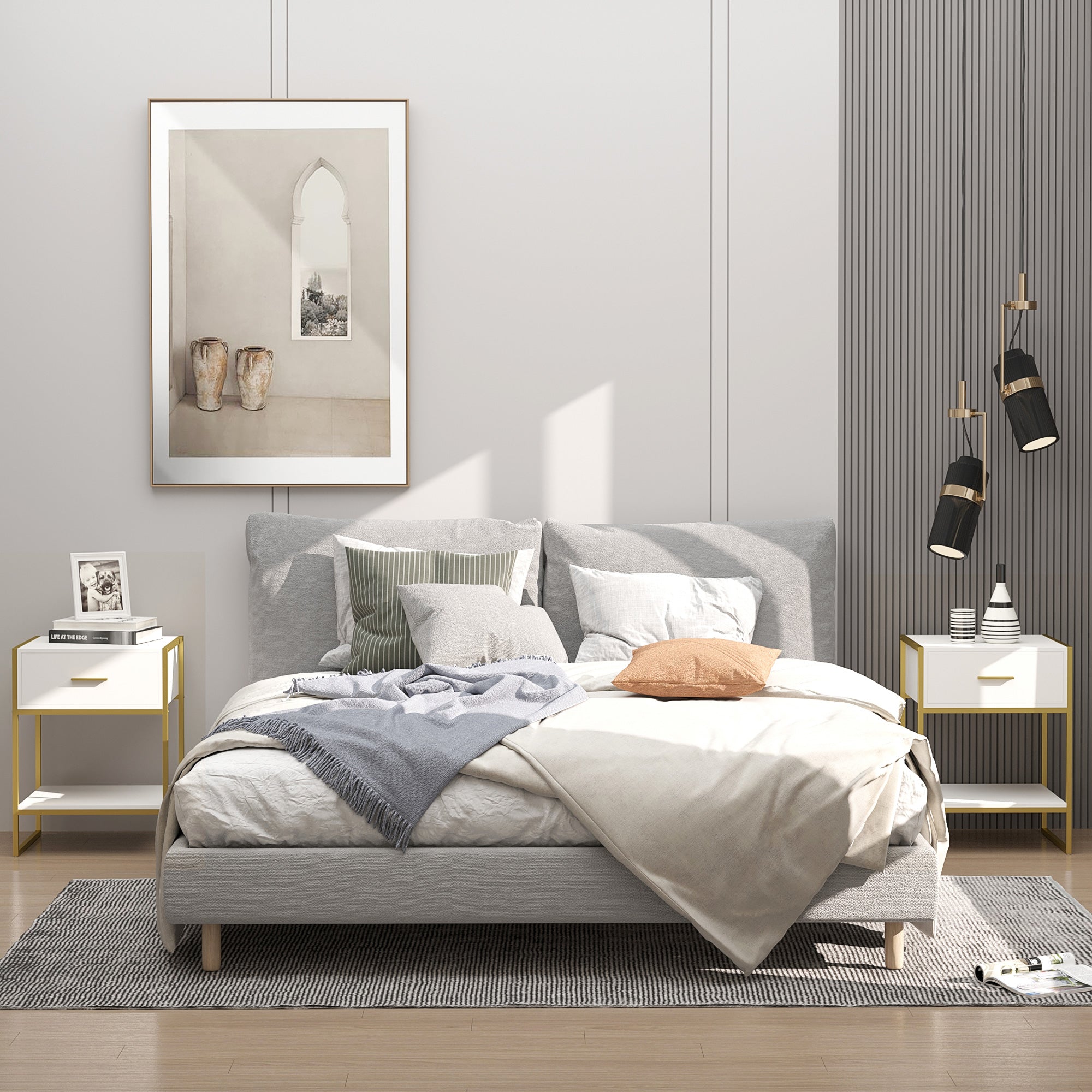 EasyComfort Set van 2 moderne nachtkastjes met lade en open plank, 45x40x60 cm, wit/goud