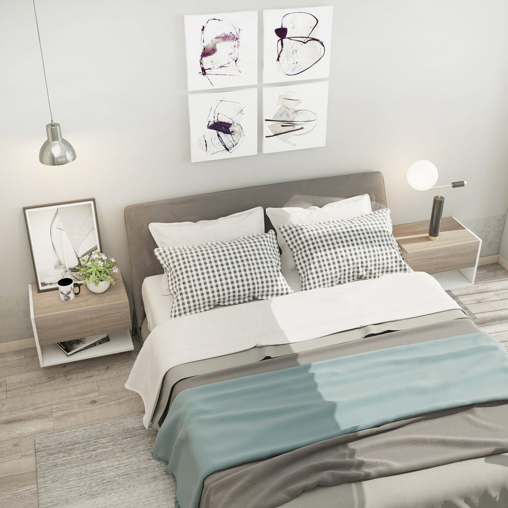 EasyComfort set van 2 zwevende nachtkastjes met lade en plank – wit en eiken
