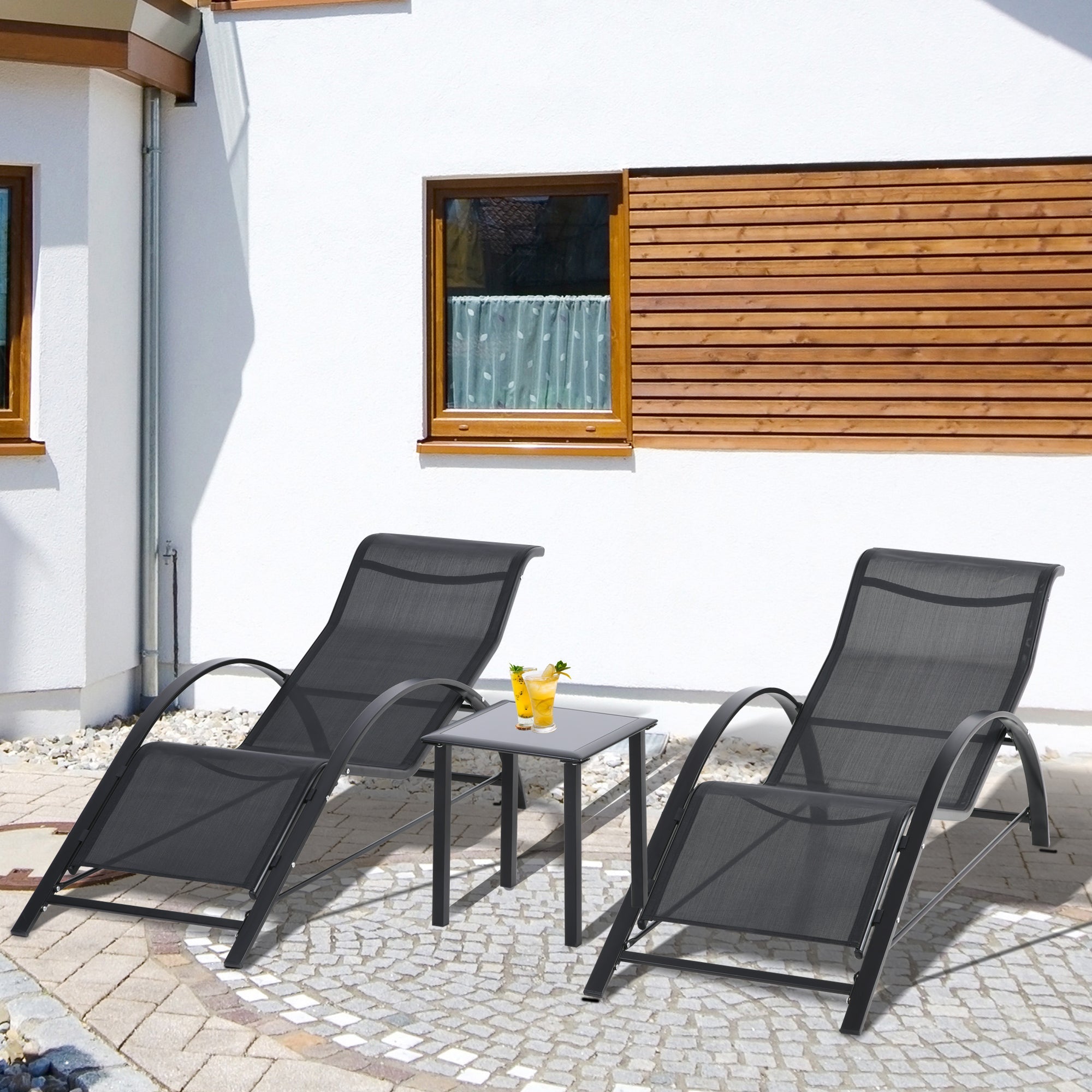 EasyComfort Set 2 ligstoelen en bijzettafel met plank, 59x169x66 cm, zwart