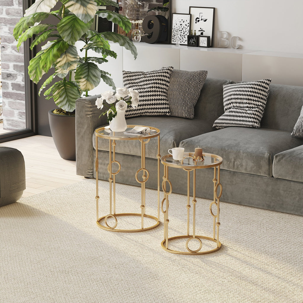 Easycomfort Set 2 Pezzi Tavolini da Caffè Design Elegante with Motivi a Cerchio, Metallo e Vetro Temperato Φ41x57cm & Φ36x51cm, Oro