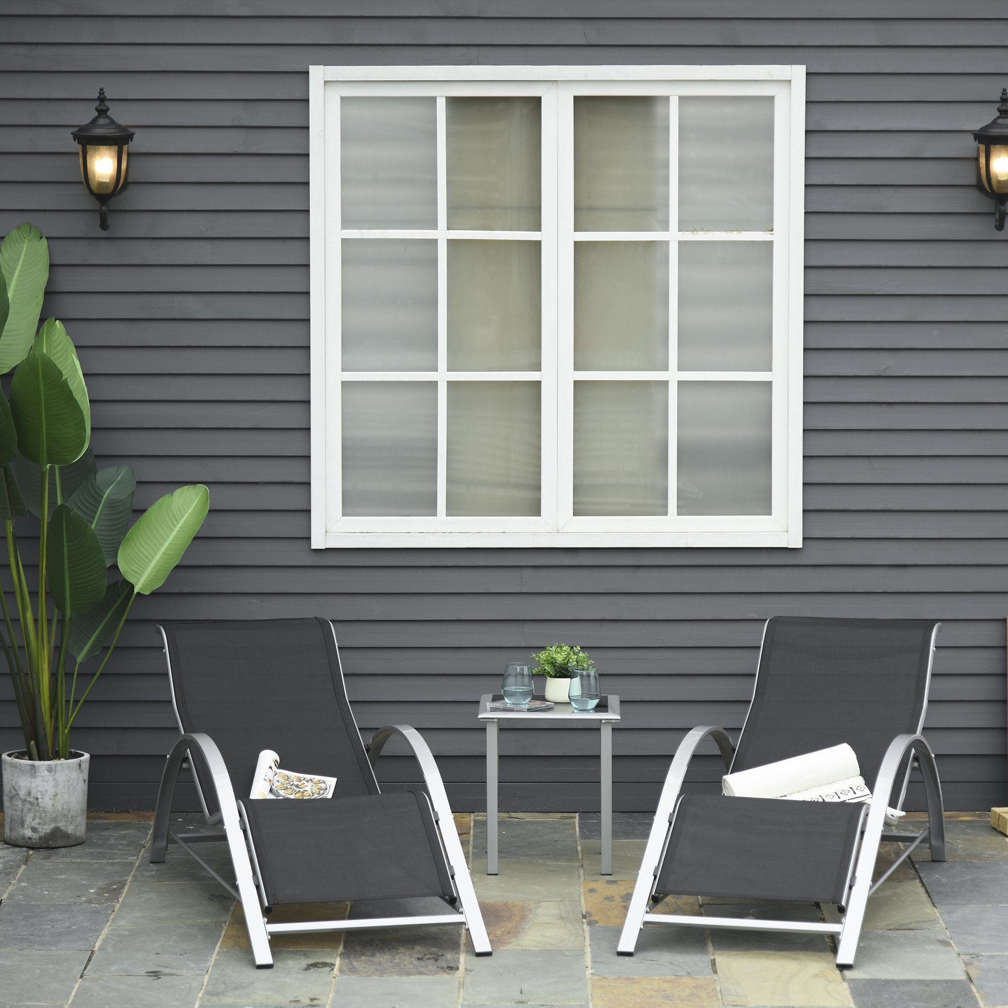 Easycomfort Set 2 Sdraio da Giardino e Tavolino with Vetro, Lettino Prendisole with Tessuto Traspirante 59 x 169 x 66cm, black Grigio