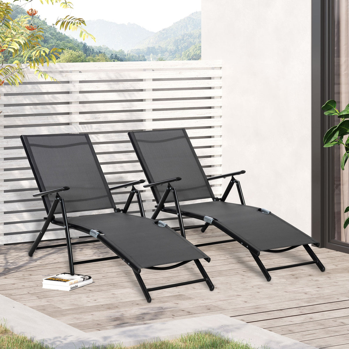 EASYCOMFORT Set van 2 inklapbare ligstoelen, 7-standen, zwart