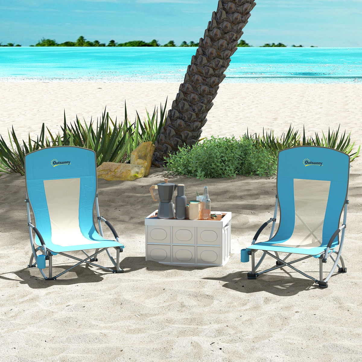 EasyComfort Set 2 opvouwbare strandstoelen met armleuningen, blauw
