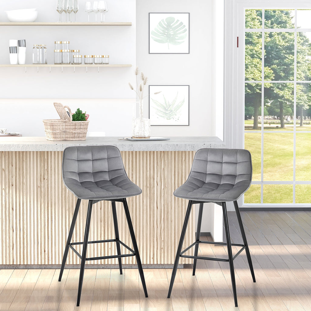 EasyComfort Set 2 Sgabelli Alti da Bar with Sedie Imbottite e Poggiapiedi Stile Nordico, with schienale in Velluto, 45x47x88cm, Grigio
