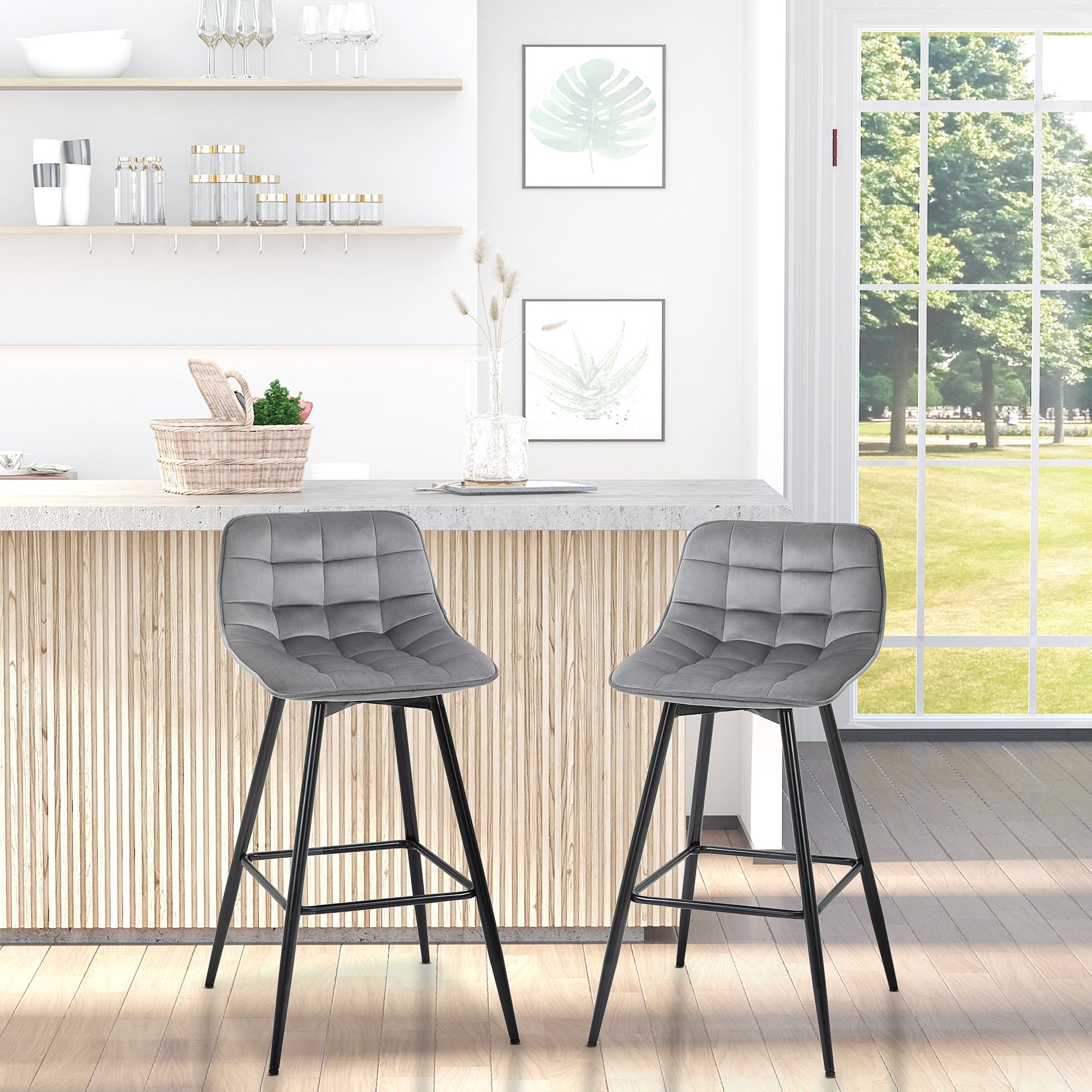 EasyComfort Set 2 Sgabelli Alti da Bar with Sedie Imbottite e Poggiapiedi Stile Nordico, with schienale in Velluto, 45x47x88cm, Grigio