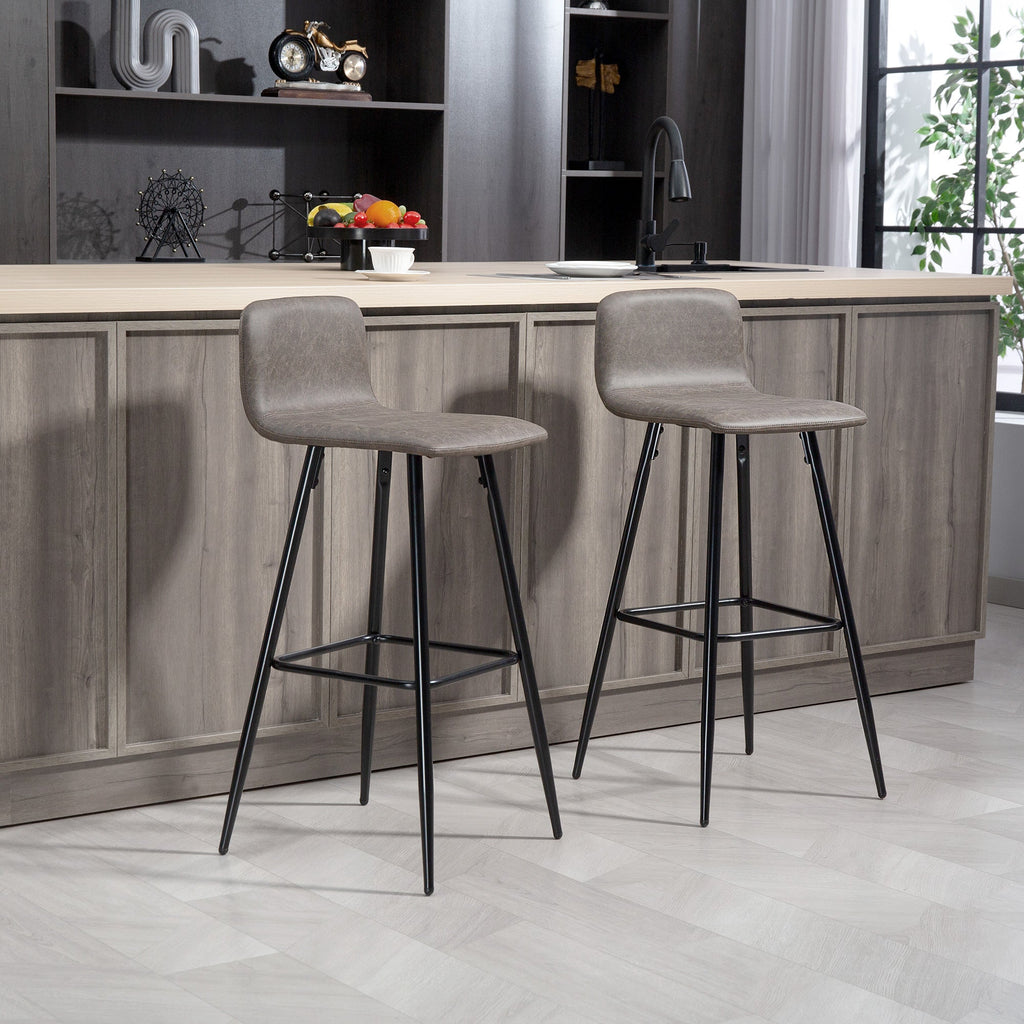 EasyComfort Set 2 Sgabelli Bar with Schienale Basso e Poggiapiedi, Rivestimento in PU e Gambe in Acciaio, Marrone Scuro