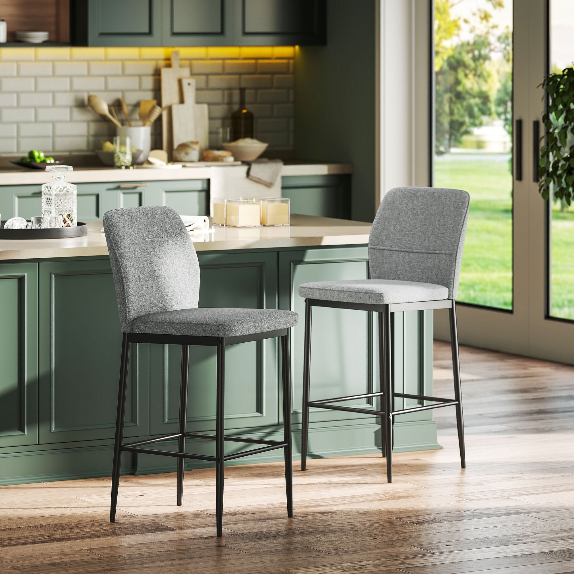 EasyComfort Set 2 Sgabelli Bar in Velluto Moderni with Poggiapiedi e Schienale, 41x52x97 cm, Grigio