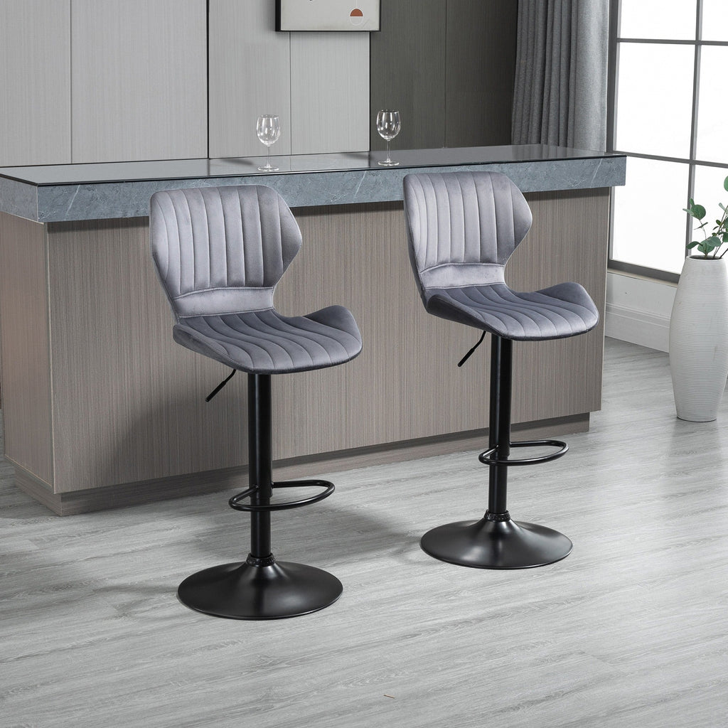 Easycomfort Set 2 Sgabelli da Bar ad Altezza Regolabile with Seduta Ergonomica e Poggiapiedi, Sgabelli Alti in Effetto Velluto e Metallo, 47x51.5x92-114 cm, Grigio