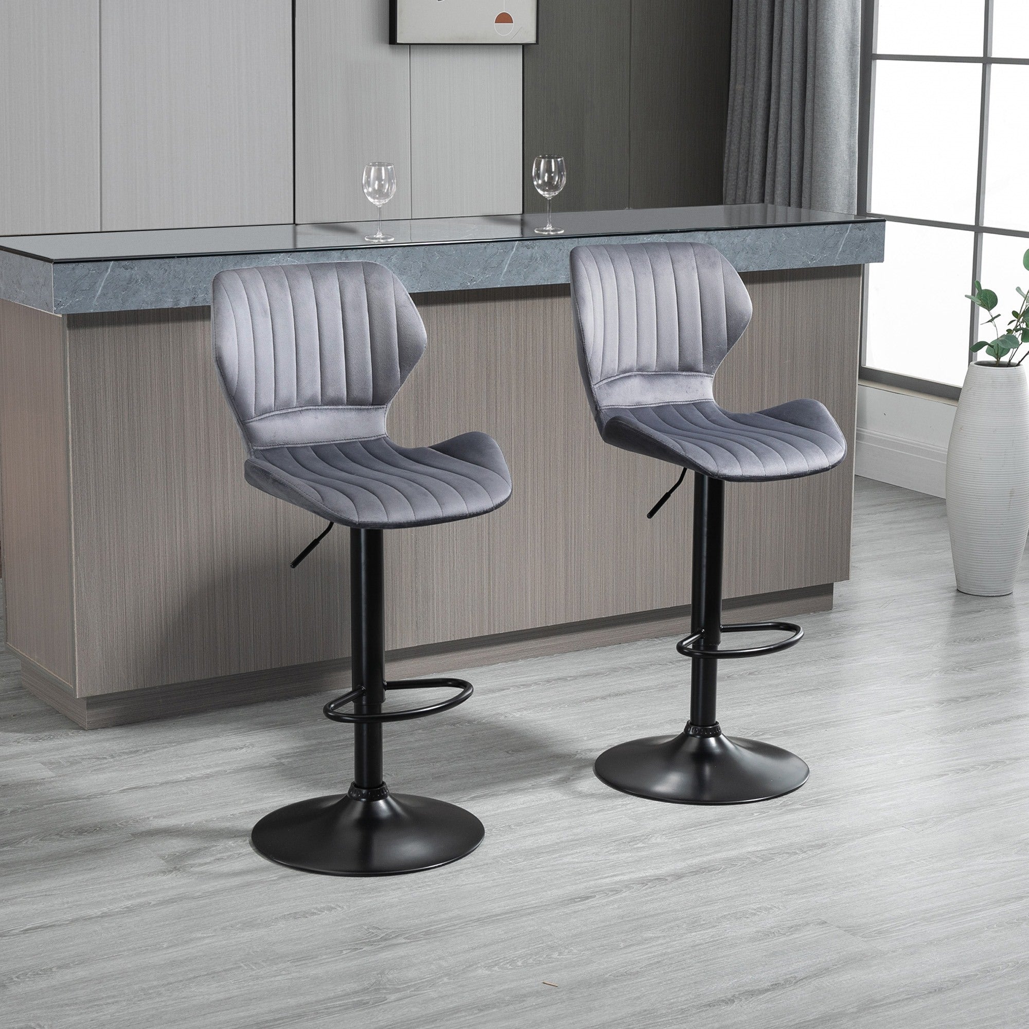 Easycomfort Set 2 Sgabelli da Bar ad Altezza Regolabile with Seduta Ergonomica e Poggiapiedi, Sgabelli Alti in Effetto Velluto e Metallo, 47x51.5x92-114 cm, Grigio