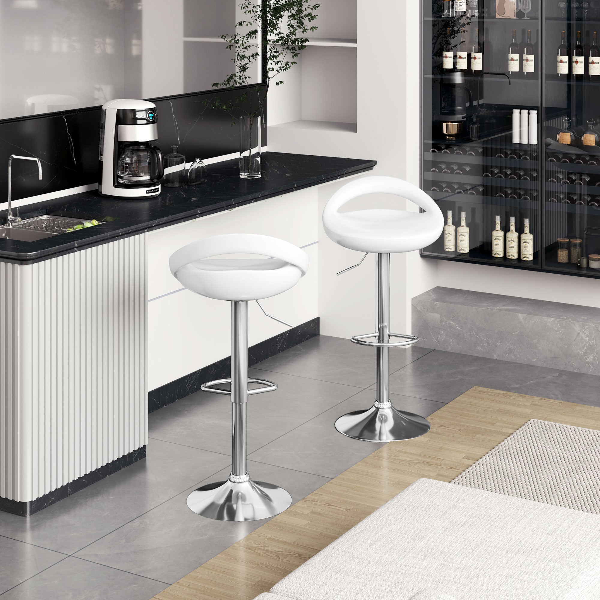 EasyComfort Set di 2 Sgabelli Alti Moderno da Bar Girevoli with Poggiapiedi, Seduta Regolabile in Acciaio, Struttura in metallo, white