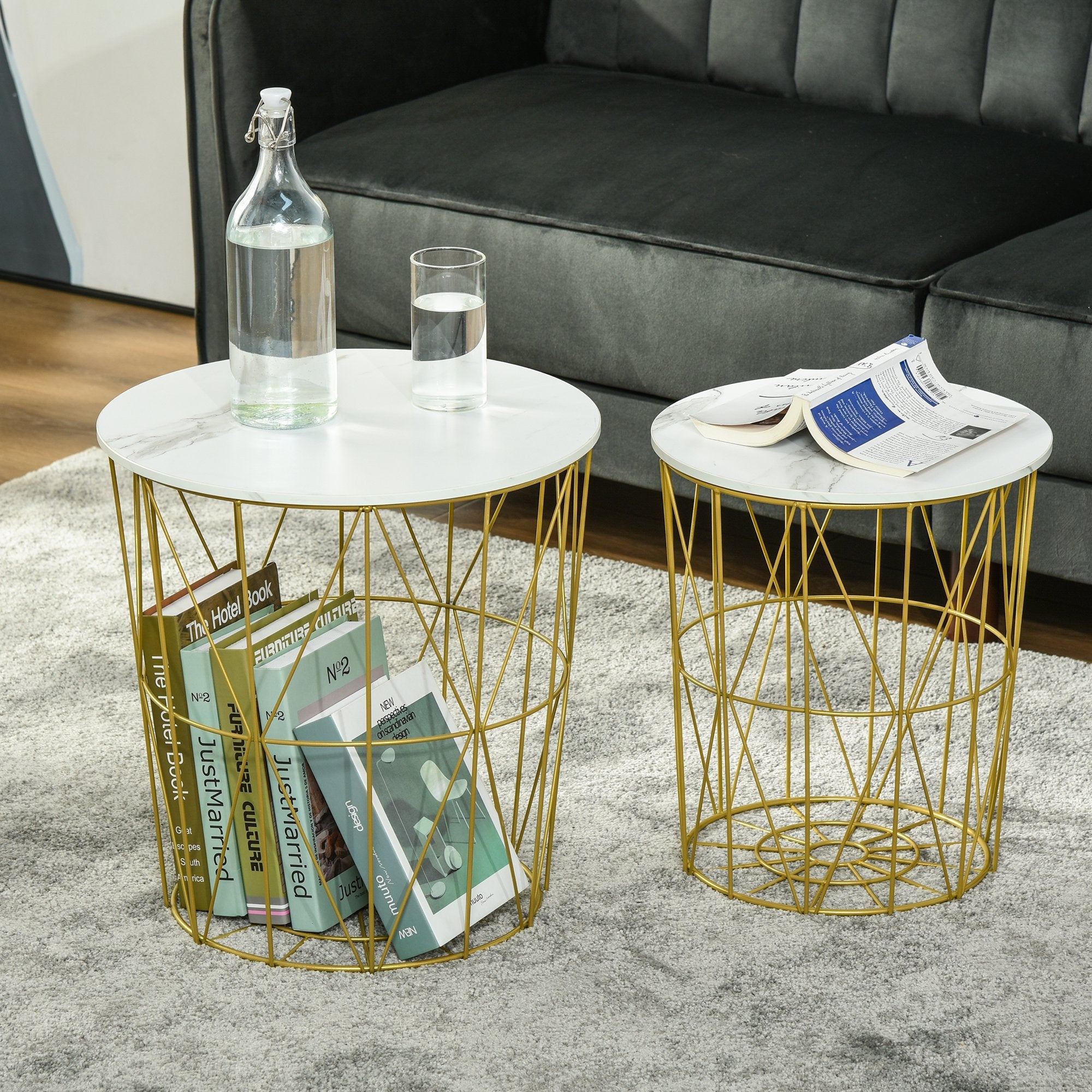 Easycomfort Set 2 Tavolini da Salotto Moderni Impilabili with Ripiano Rimovibile, Tavolino da Caffè with Contenitore per Soggiorno e Camera, white Oro