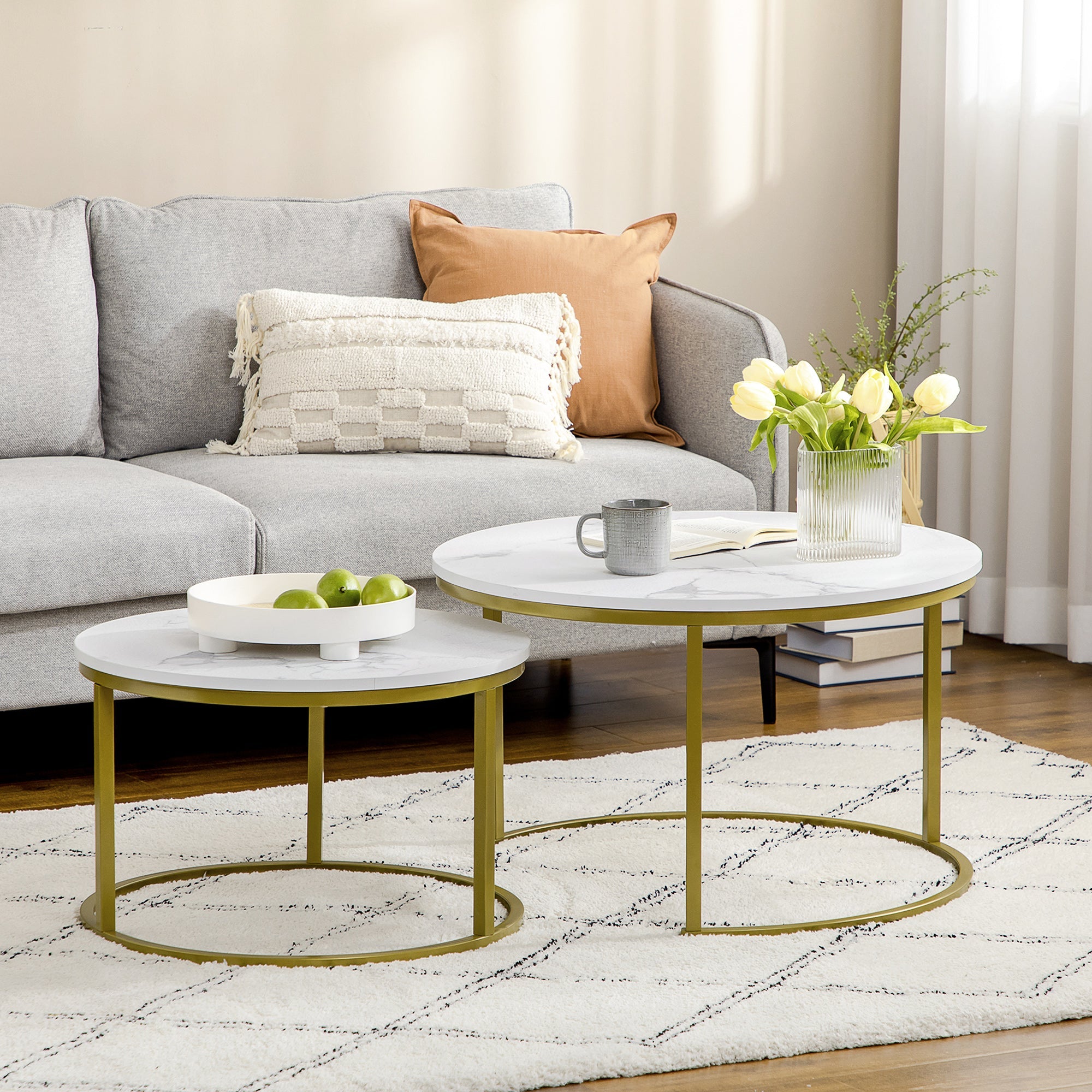 EasyComfort Set 2 Opstapelbare Ronde Bijzettafels Ø74x46.3 cm & Ø59x38.5 cm, wit en goud